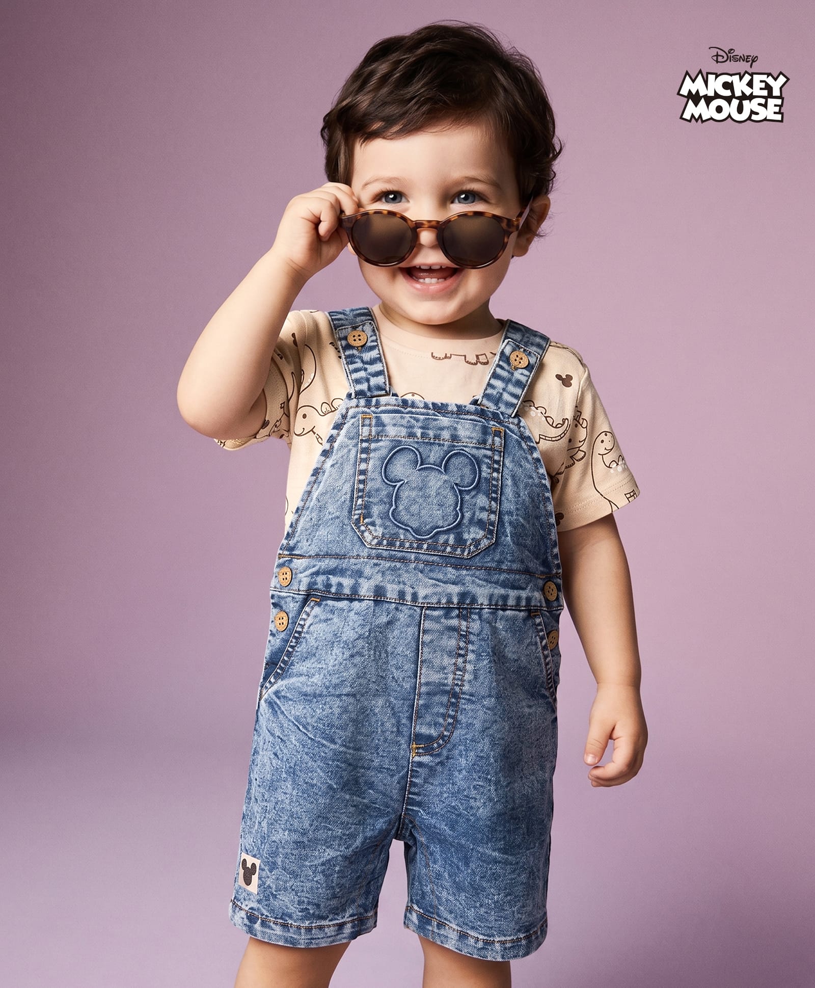 Babyoye Disney Single Jersey Knit Half Sleeves Dino Printed T-shirt and Denim Dungaree Set With Mickey Mouse Embroidery - Light Blue & Beige-picture-13
