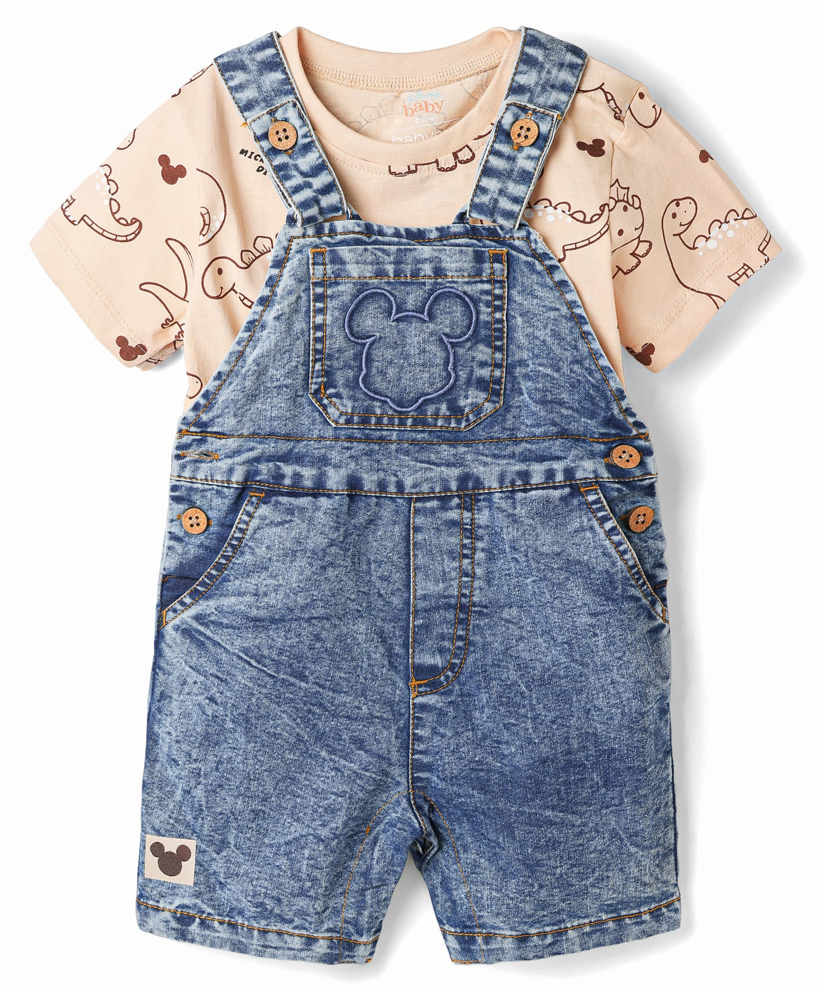Babyoye Disney Single Jersey Knit Half Sleeves Dino Printed T-shirt and Denim Dungaree Set With Mickey Mouse Embroidery - Light Blue & Beige-picture-0