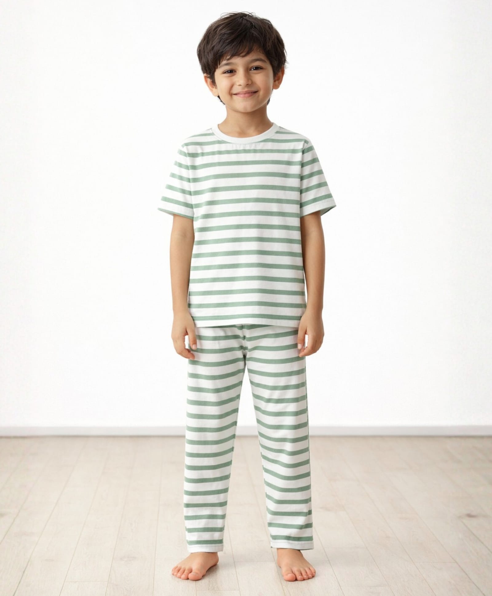 Anthrilo Pure Cotton Knit Half Sleeves Striped Coordinating Tee & Pajama Night Suit - Navy Green & White-picture-23