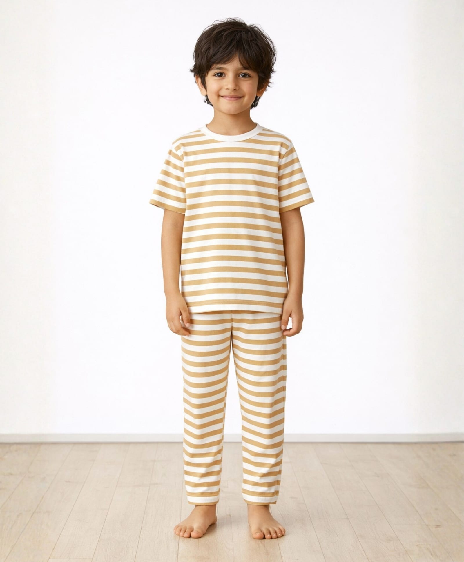 Anthrilo Pure Cotton Knit Half Sleeves Striped Coordinating Tee & Pajama Night Suit - Navy Beige & White-picture-47
