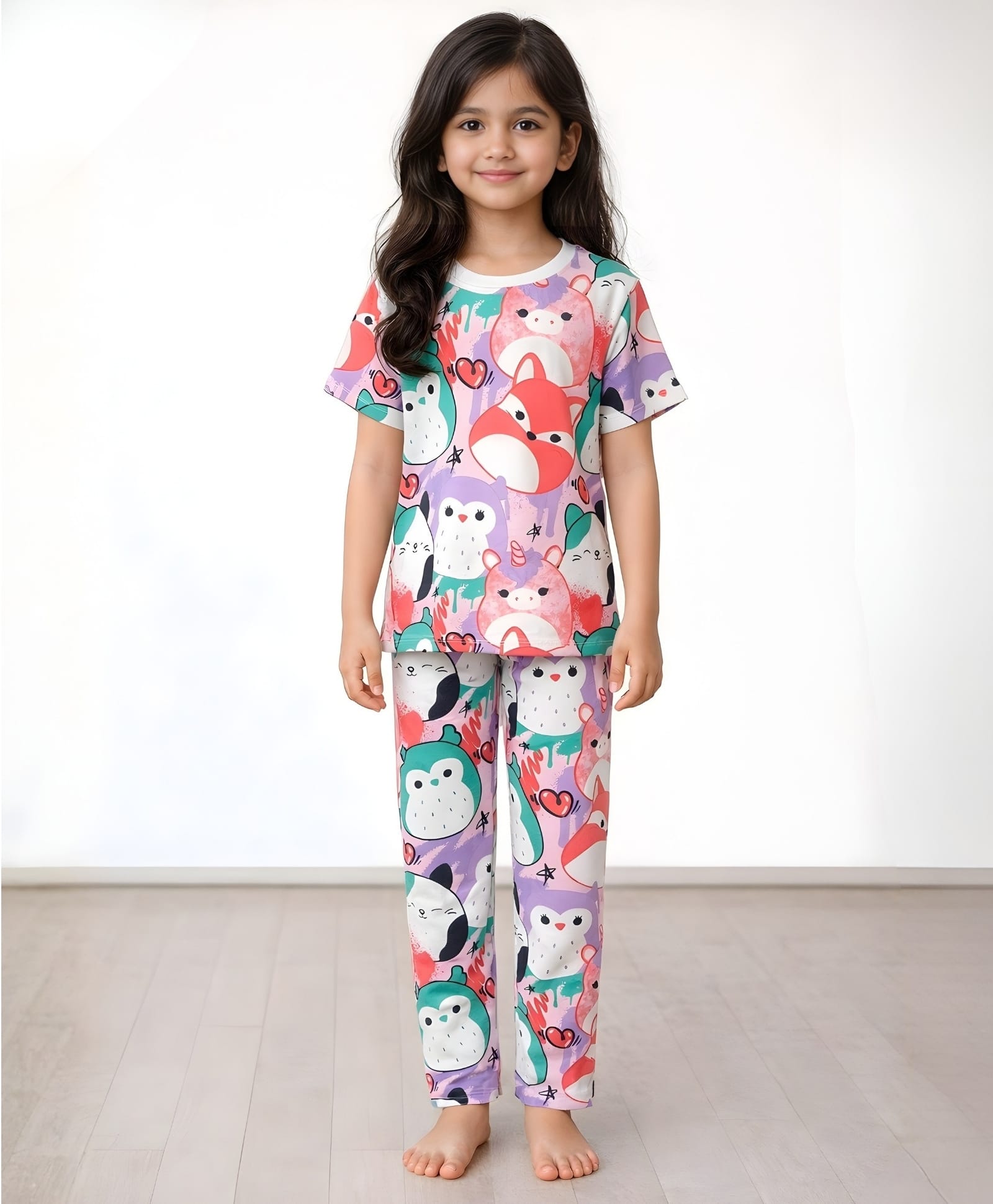 Anthrilo Pure Cotton Knit Half Sleeves Baby Animals Printed Coordinating Tee & Pyjamas Night Suit - White-image-20