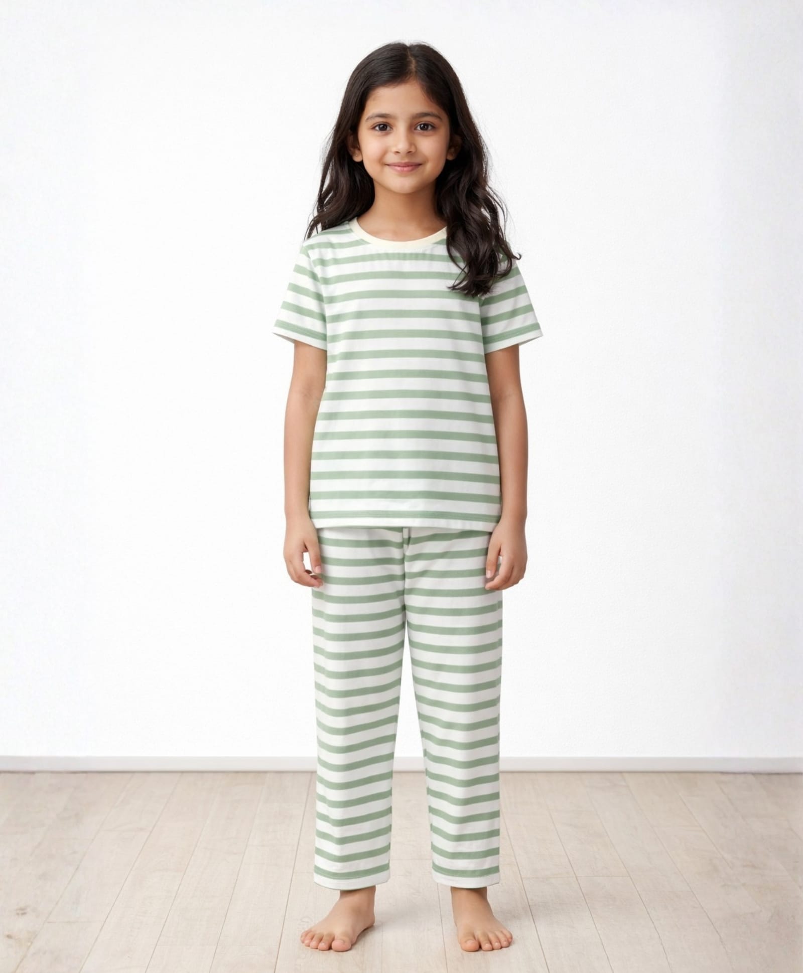 Anthrilo Pure Cotton Knit Half Sleeves Striped Tee & Pyjama Night Suit - Green & White-picture-2