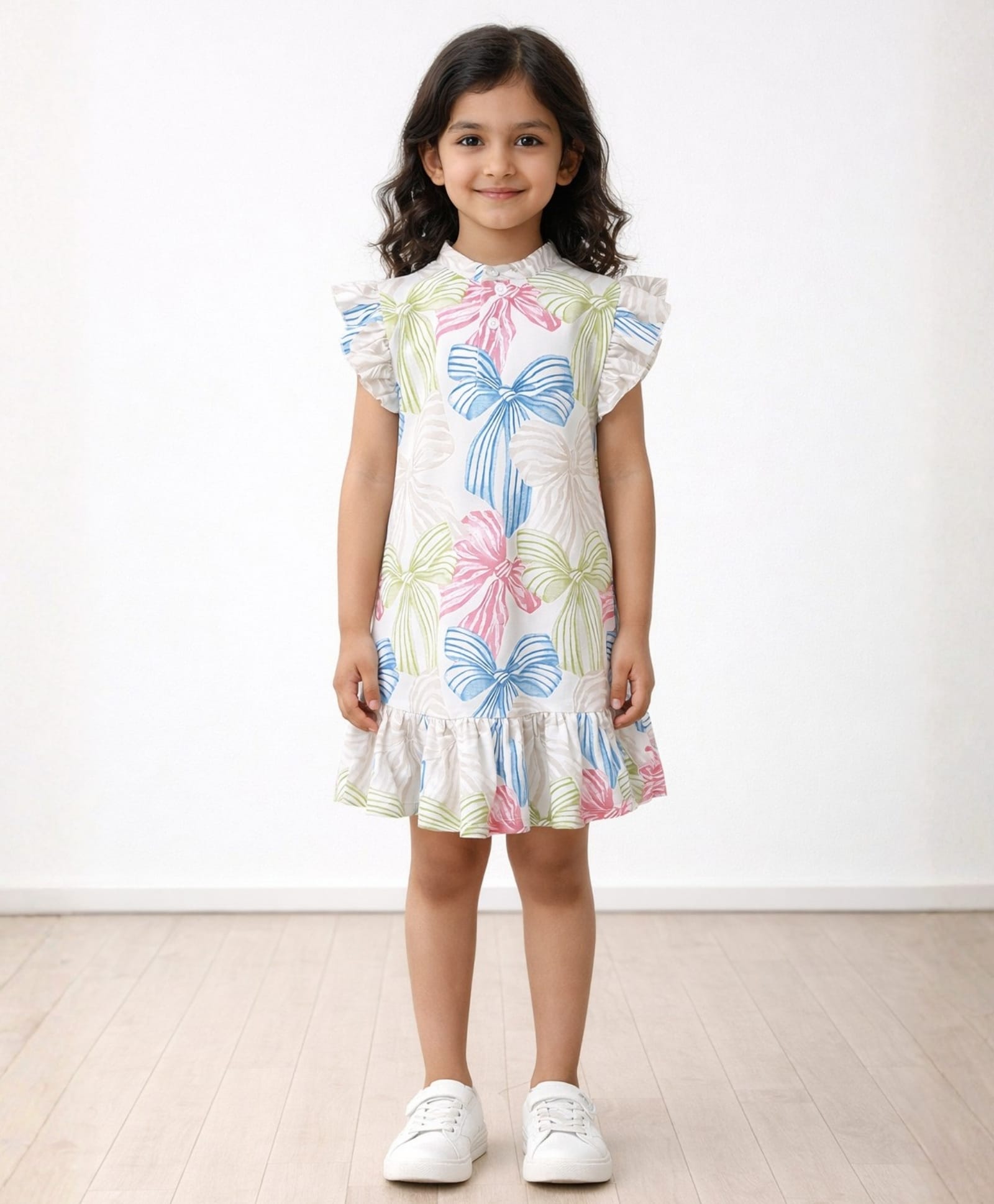 Anthrilo Cotton Blend Knit Sleeveless Bow Printed Dress - Off White-picture-22