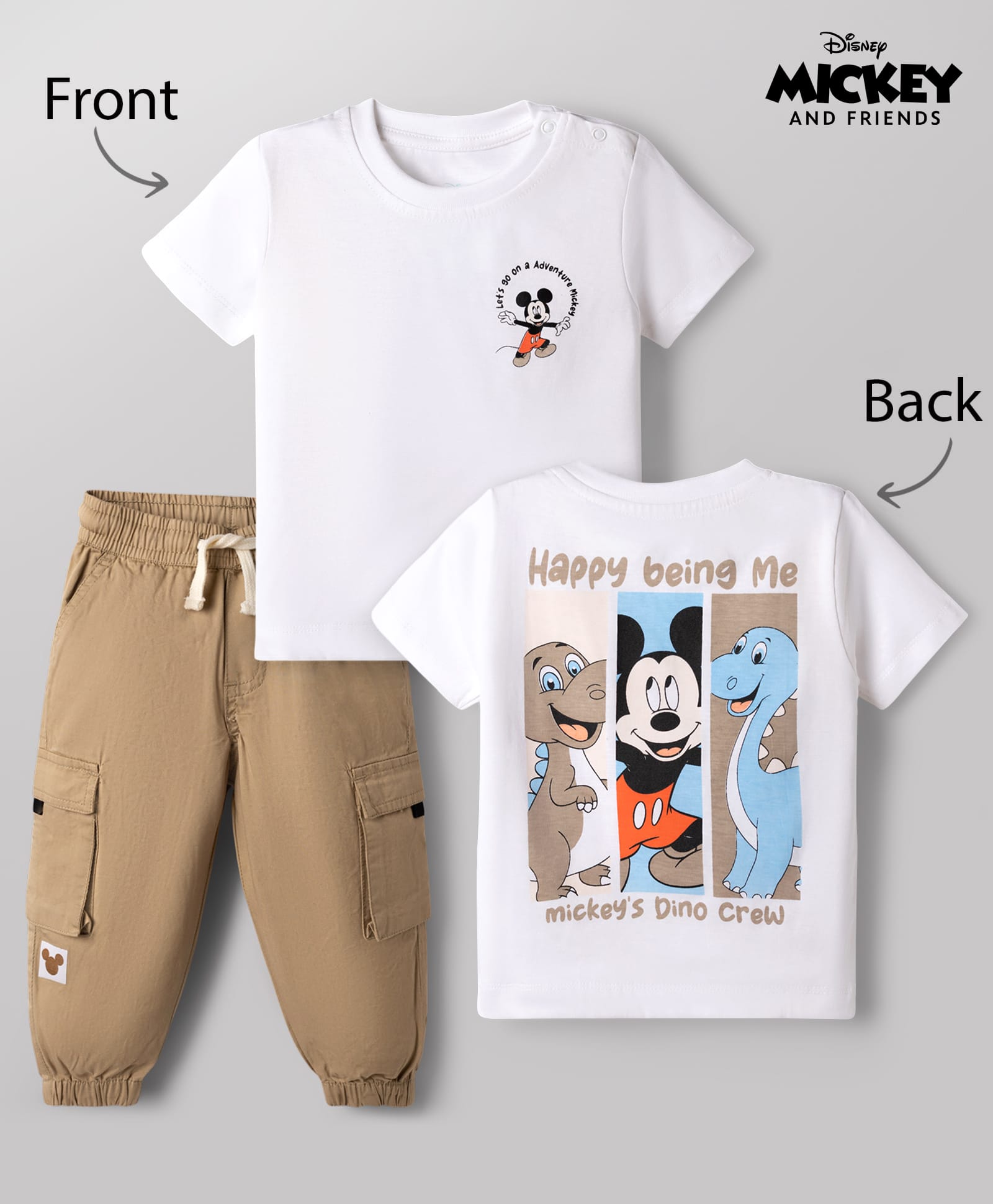 Babyoye Disney Single Jersey Knit Half Sleeves Front & Back Dino & Mickey Printed T-Shirt & Lounge Pant Set - White & Tan-picture-25