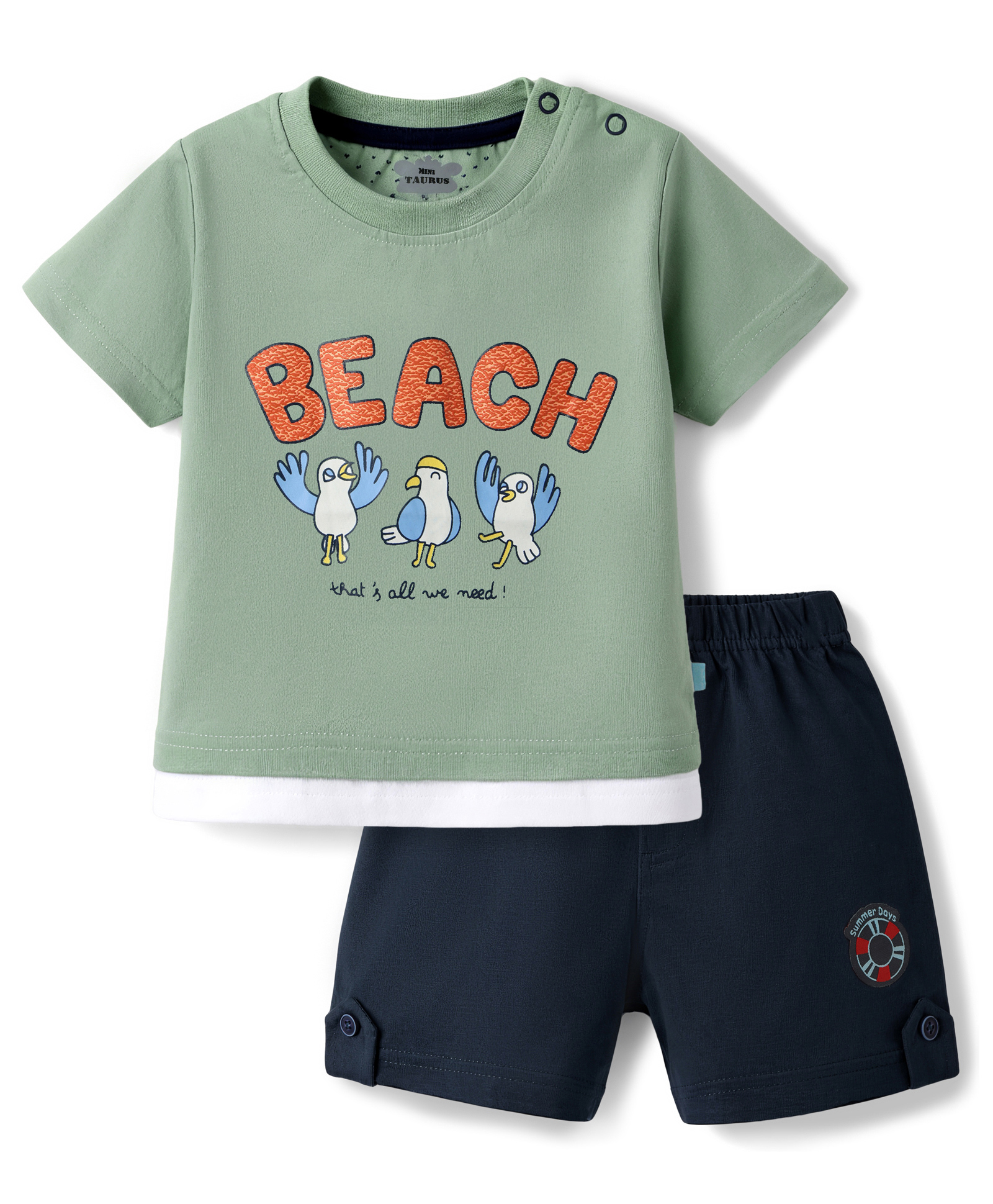 Mini Taurus Sinker Knit Half Sleeves T-Shirt & Shorts Night Suit with Seagull Print - Pink-image-49