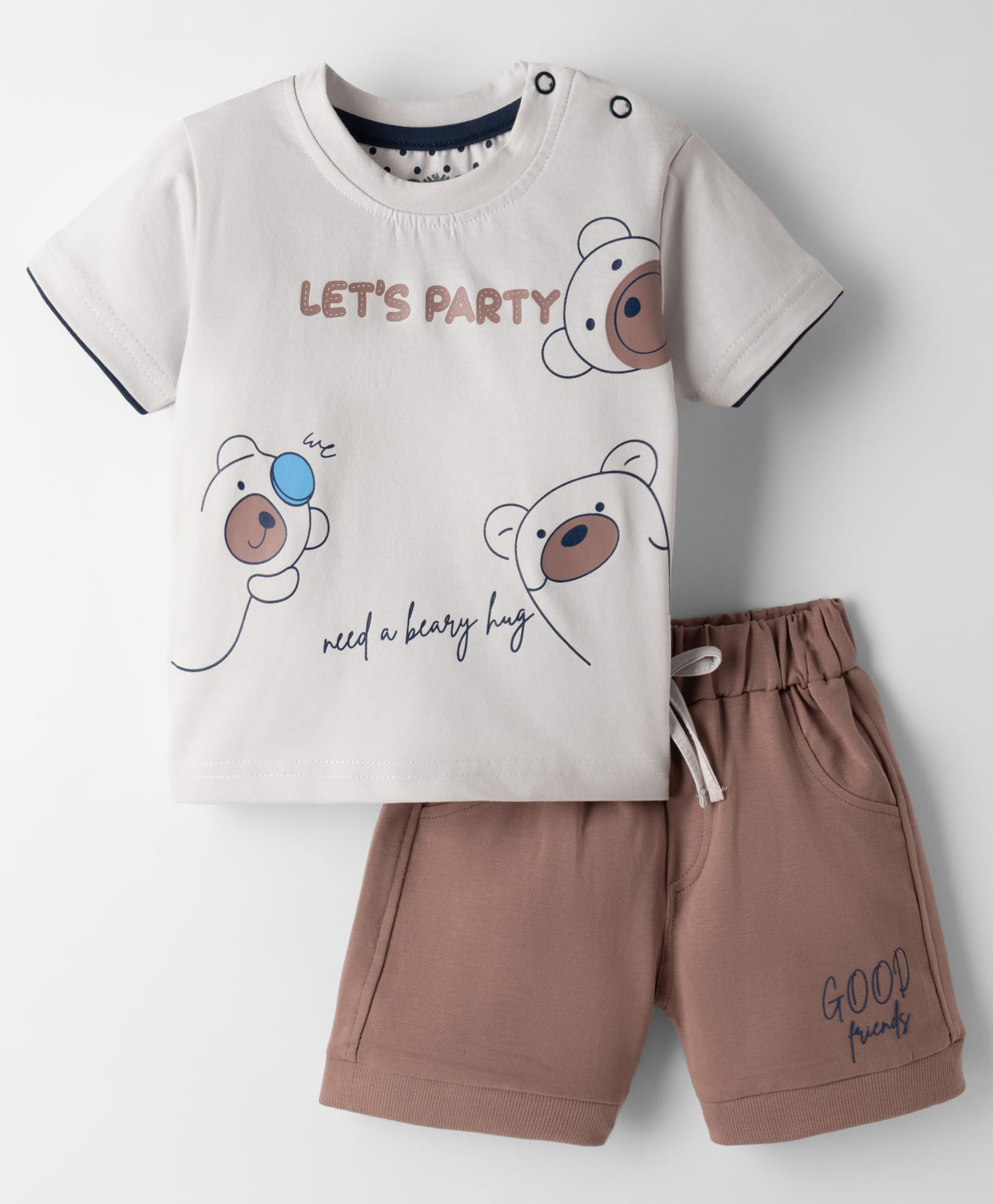 Mini Taurus Sinker Knit Half Sleeves T-Shirt & Shorts Night-Suit With Teddy & Text Print - Beige-image-29