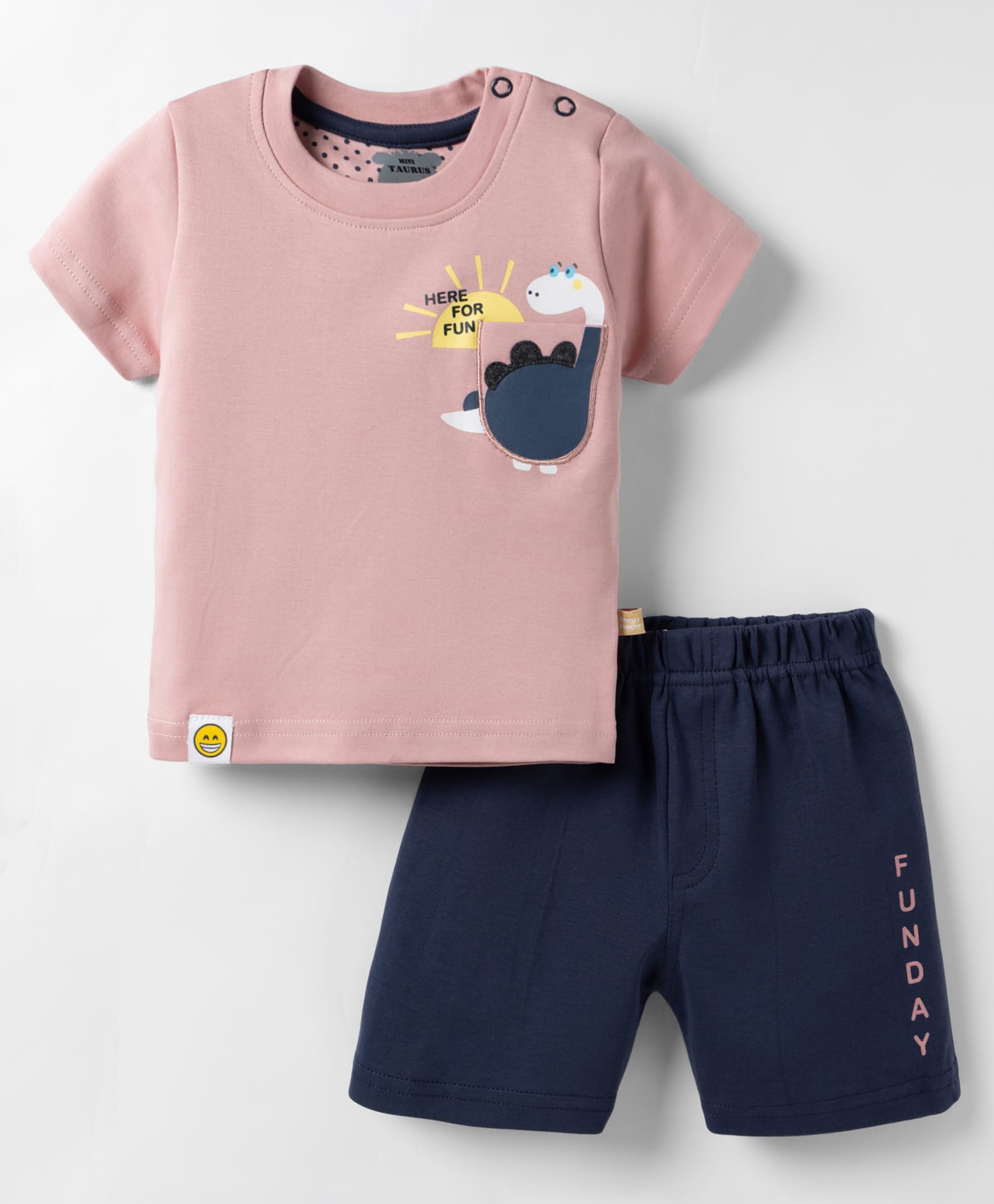 Mini Taurus Interlock Knit Half Sleeves T-Shirt & Shorts Night-Suit With Dino & Text Print - Pink-image-30
