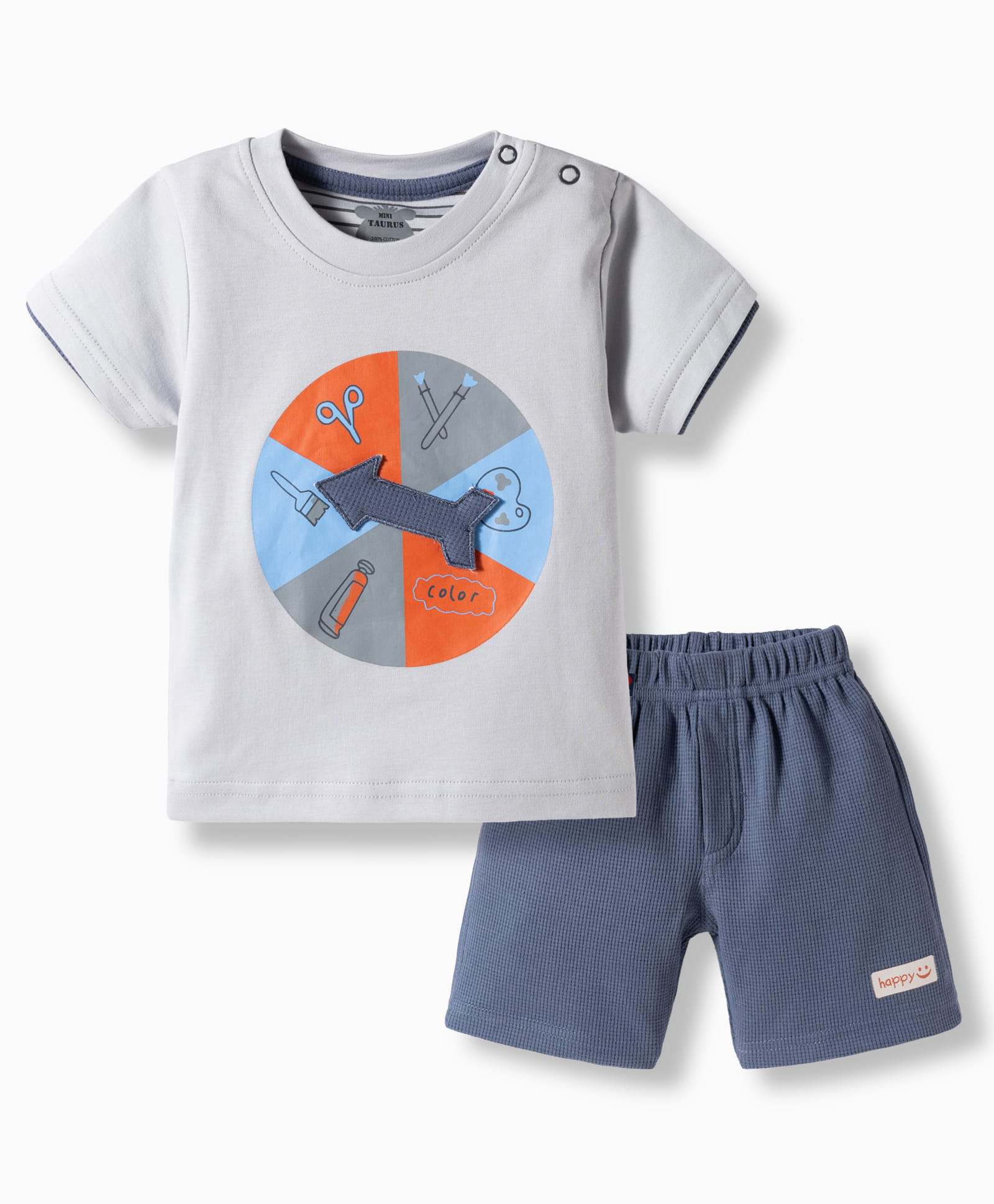 Mini Taurus Interlock Knit Half Sleeves T-Shirt & Shorts Night Suit With Spin Wheel Print & Applique - Grey-picture-10