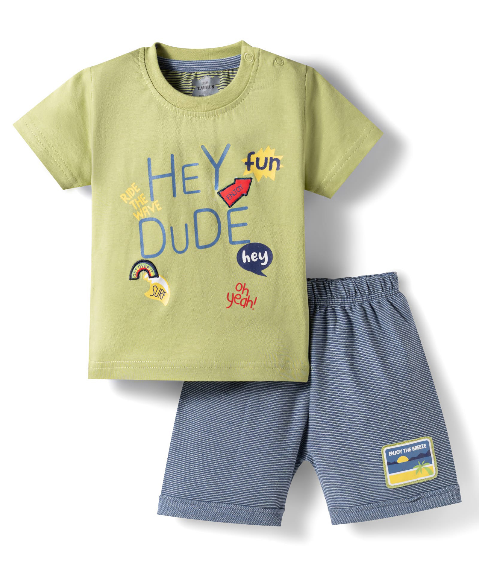 Mini Taurus Sinker Knit Half Sleeves Text Printed T-Shirt & Shorts Night Suit With Stripes & Beach Theme Patch - Olive Green-image-27