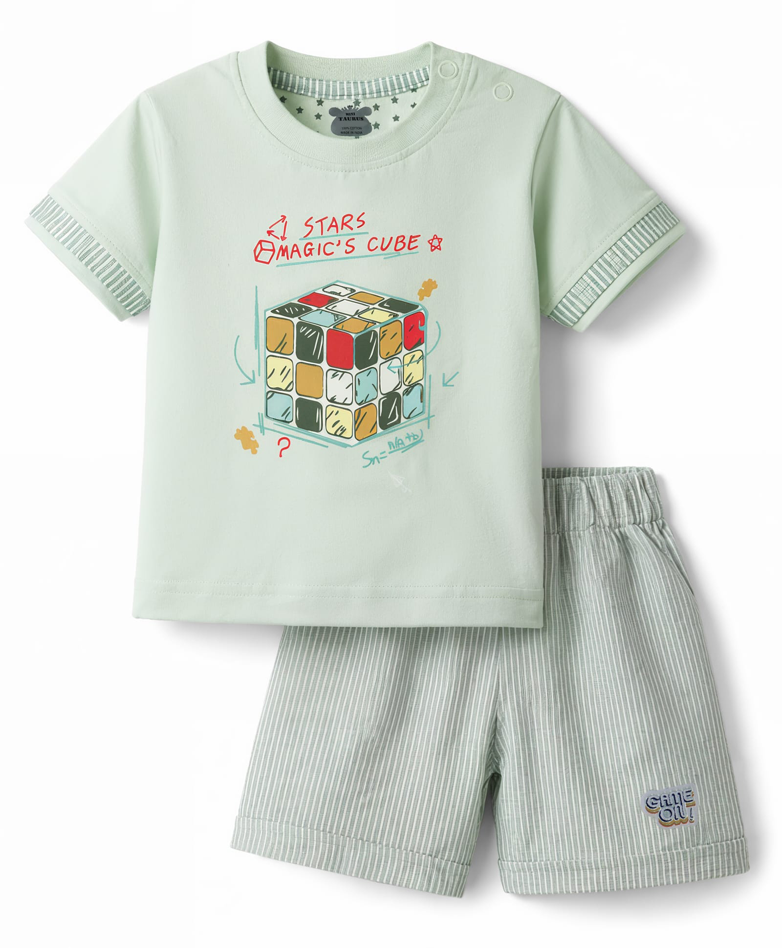 Mini Taurus Sinker Knit Half Sleeves T-Shirt & Shorts Night Suit with Rubik's Cube Print - Beige-picture-15