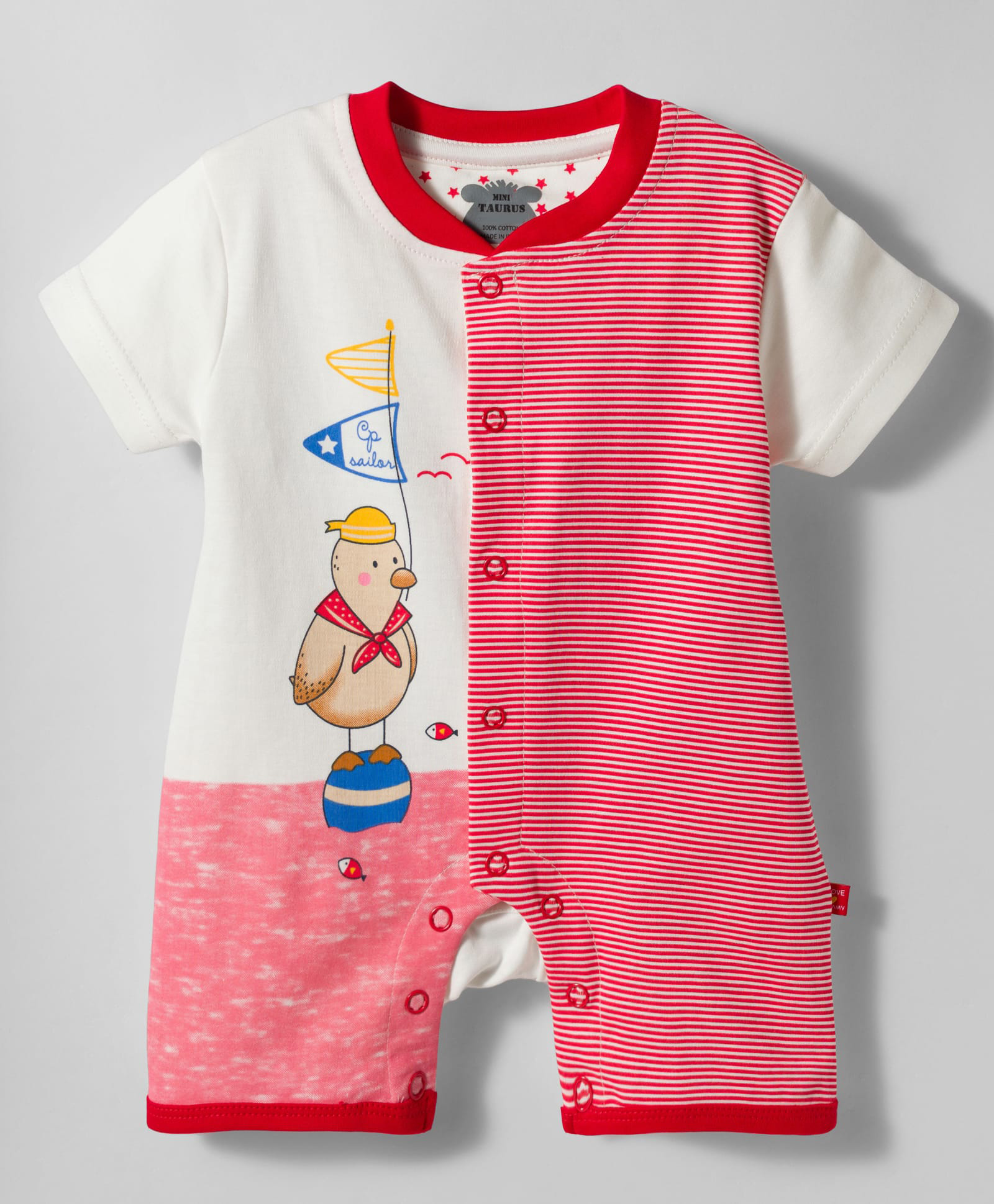 Mini Taurus Interlock Knit Half Sleeves Striped Romper with Sea Life Print - Red-picture-37