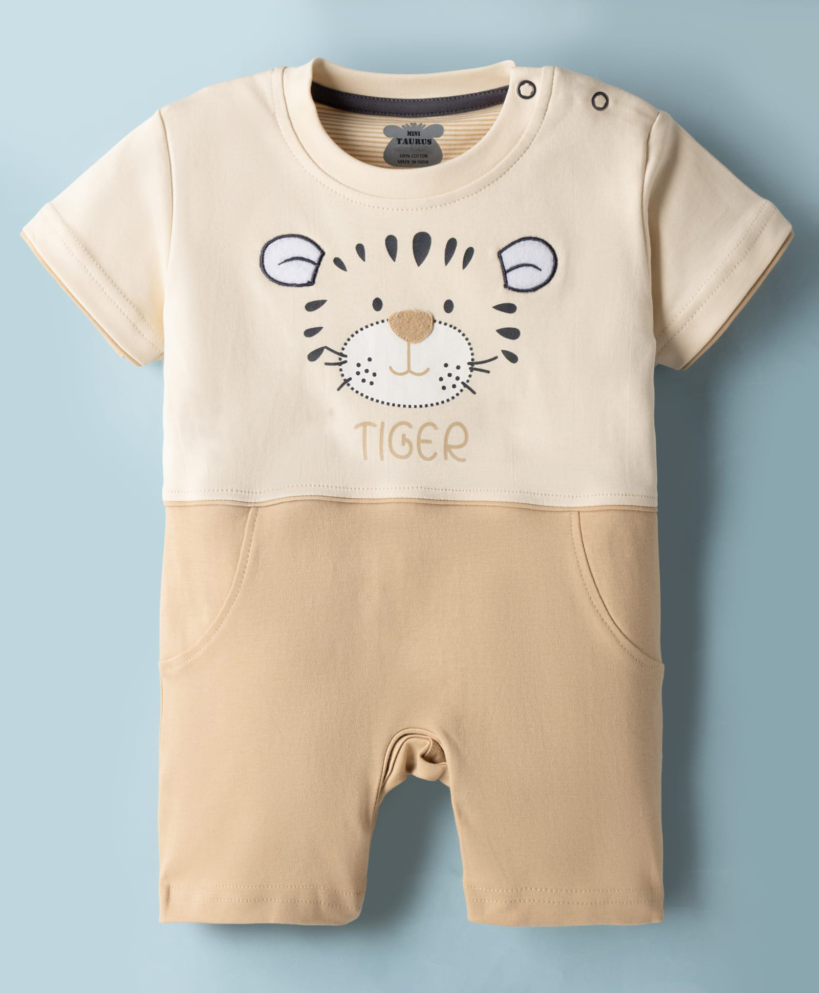 Mini Taurus Interlock Knit Half Sleeves Romper with Tiger Print - Cream-picture-27