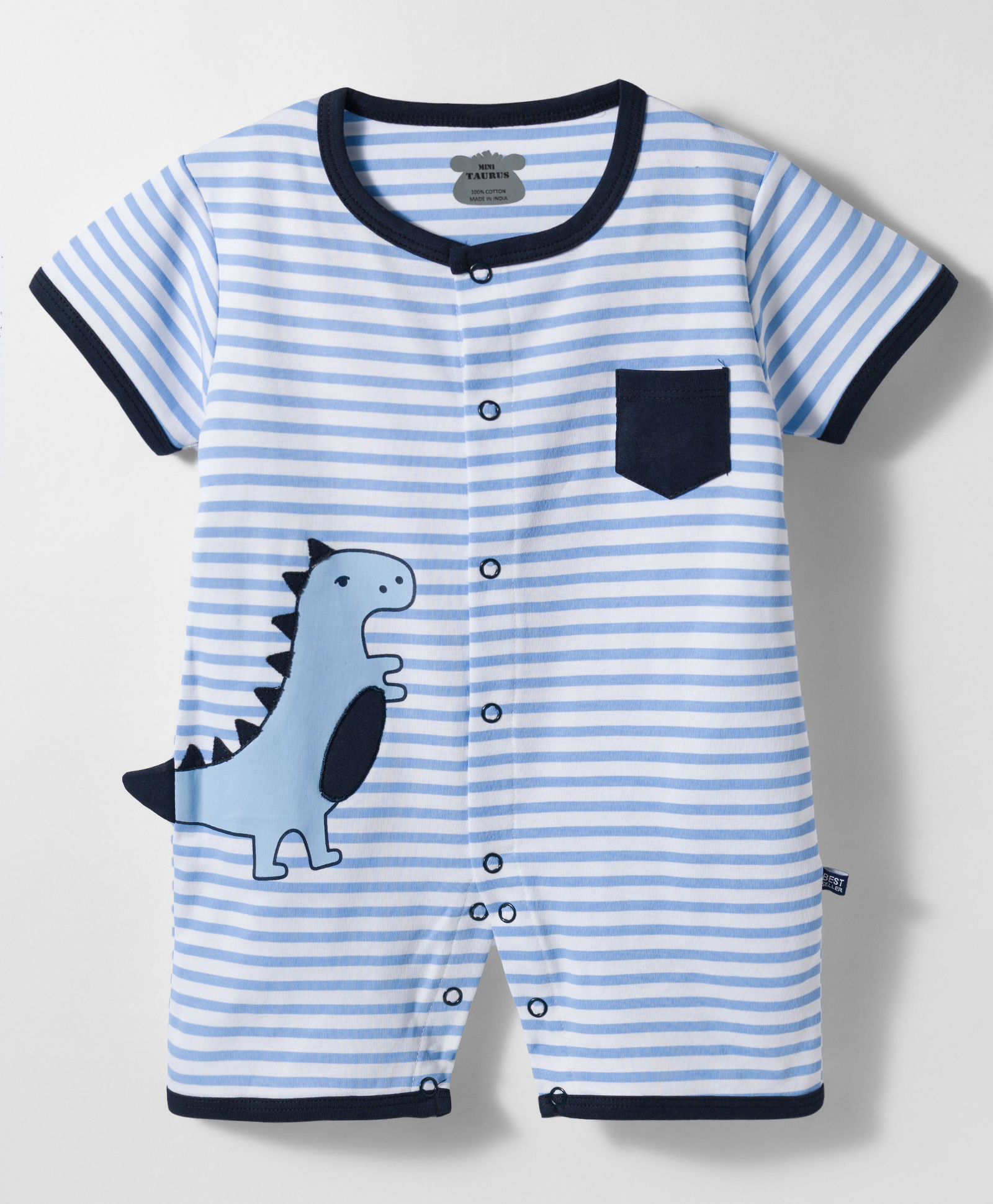 Mini Taurus Interlock Half Sleeves Striped Romper with Dino Applique - Navy-picture-37
