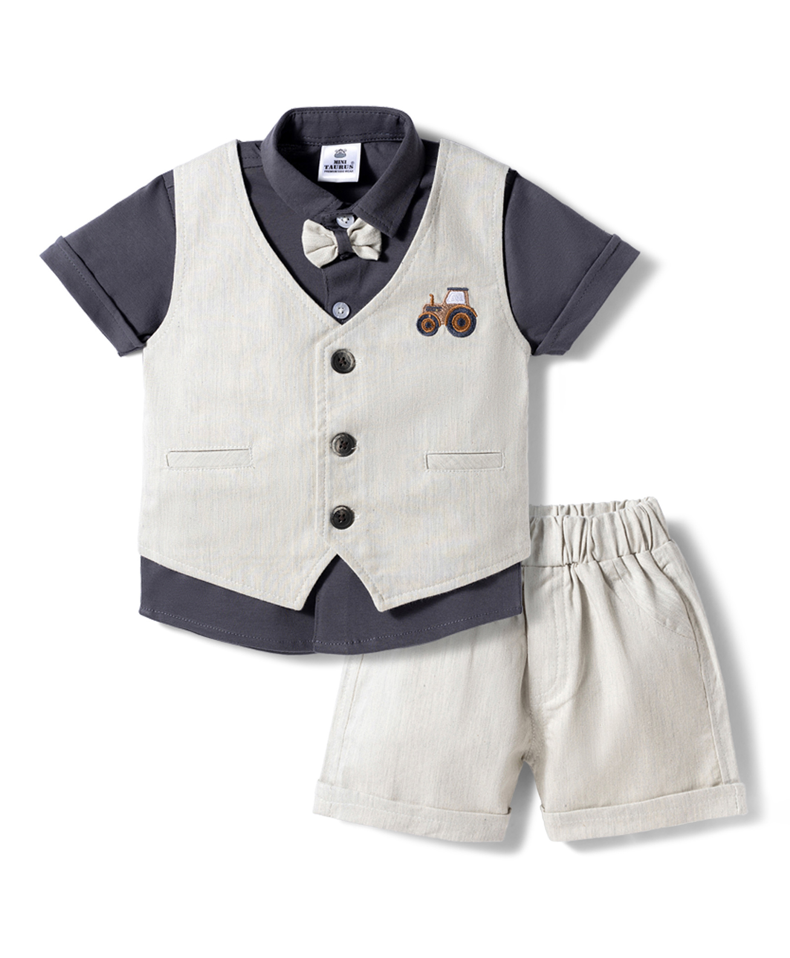 Mini Taurus Sinker Knit Half Sleeves Solid Colour 3 Piece Party Suit with Bow Applique - Grey-picture-28