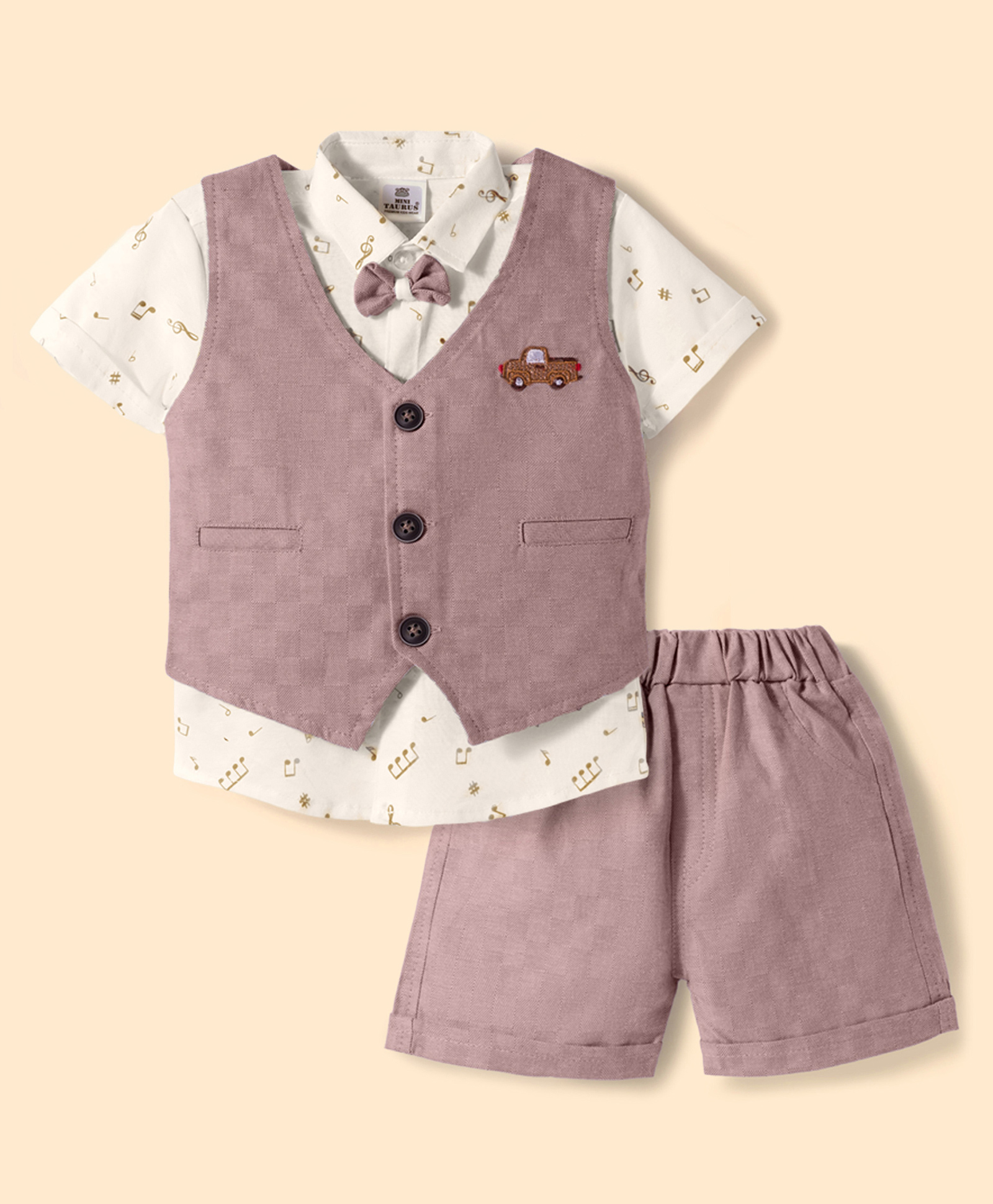 Mini Taurus Sinker Knit Half Sleeves Printed 3 Piece Party Suit with Bow Applique - Brown-picture-21