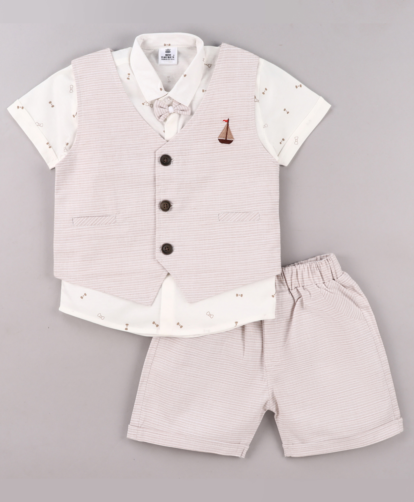 Mini Taurus Sinker Knit Half Sleeves Printed 3 Piece Party Suit With Bow Applique - Brown-picture-25