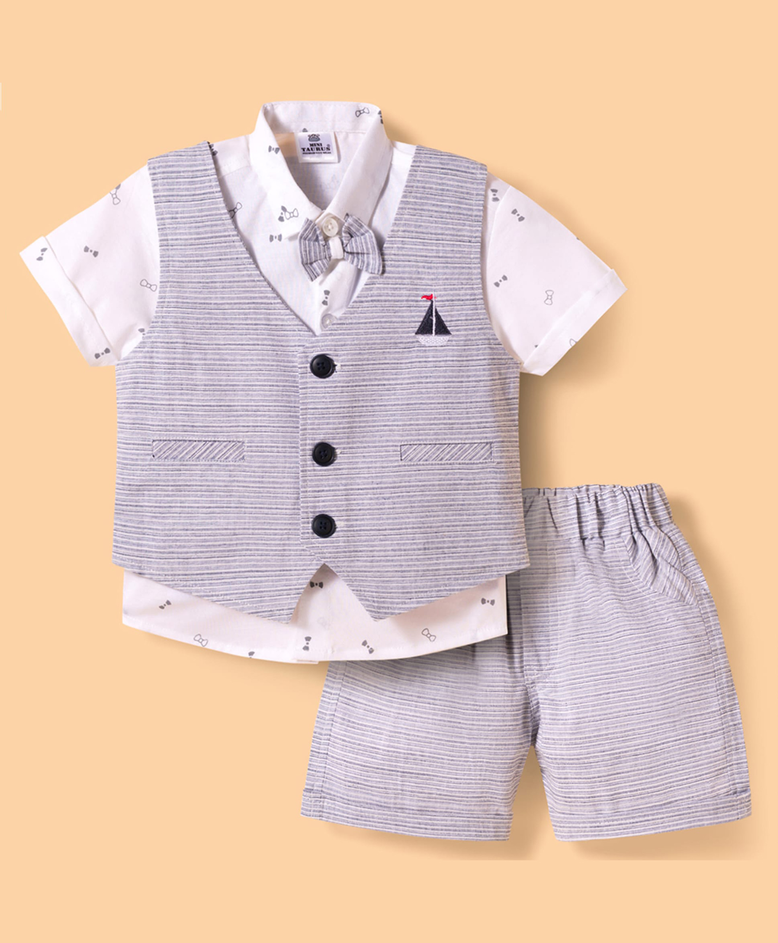 Mini Taurus Sinker Knit Half Sleeves Printed 3 Piece Party Suit With Bow Applique - Blue-picture-10