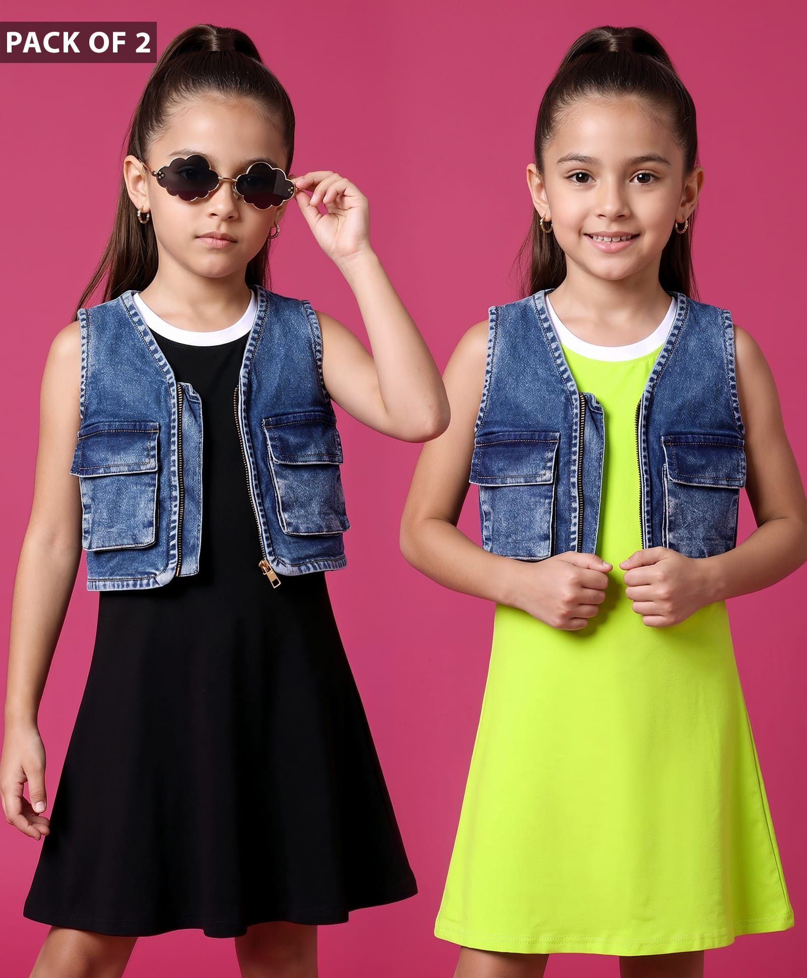 OLLINGTON ST. Cotton Knit Jesrey Lycra Sleeveless Solid Tops & Stretchable Denim Vest - Lime Black & Indigo-image-35