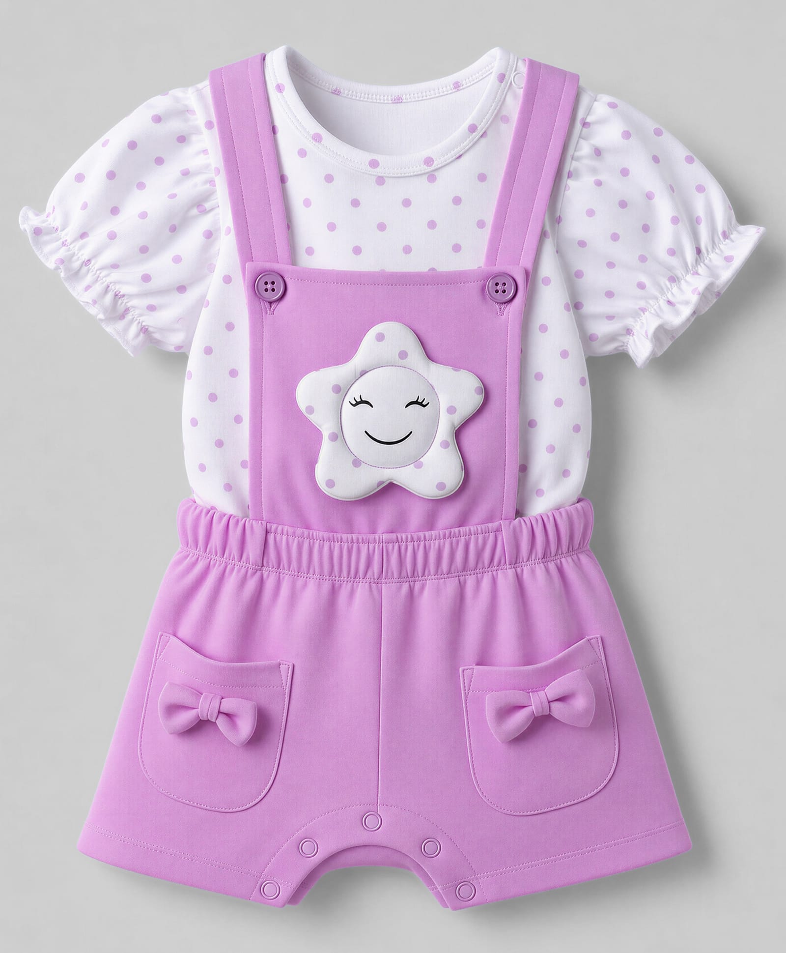 Babyoye 100% Cotton Interlock Knit With Eco Jiva Finish Half Sleeves Polka Dot T-Shirt & Star Applique Dungaree - Purple-image-35