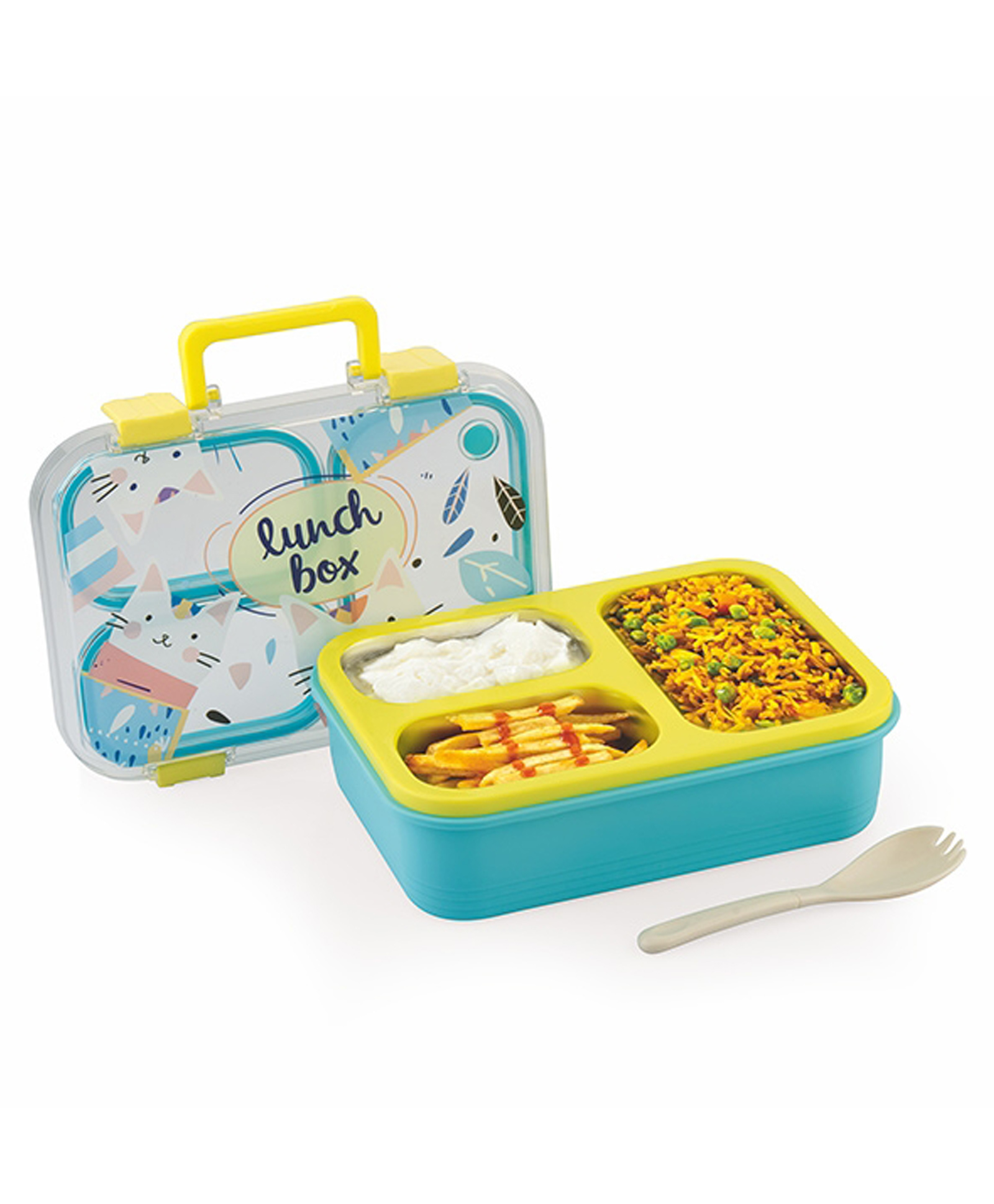 ATTRO Kitty Kart Plastic Lunch Box 3 Compartment Bento Tiffin, Leak Proof Durable, 800 ml with Plastic Cutlery & Cat Print- Yellow & Blue-picture-8