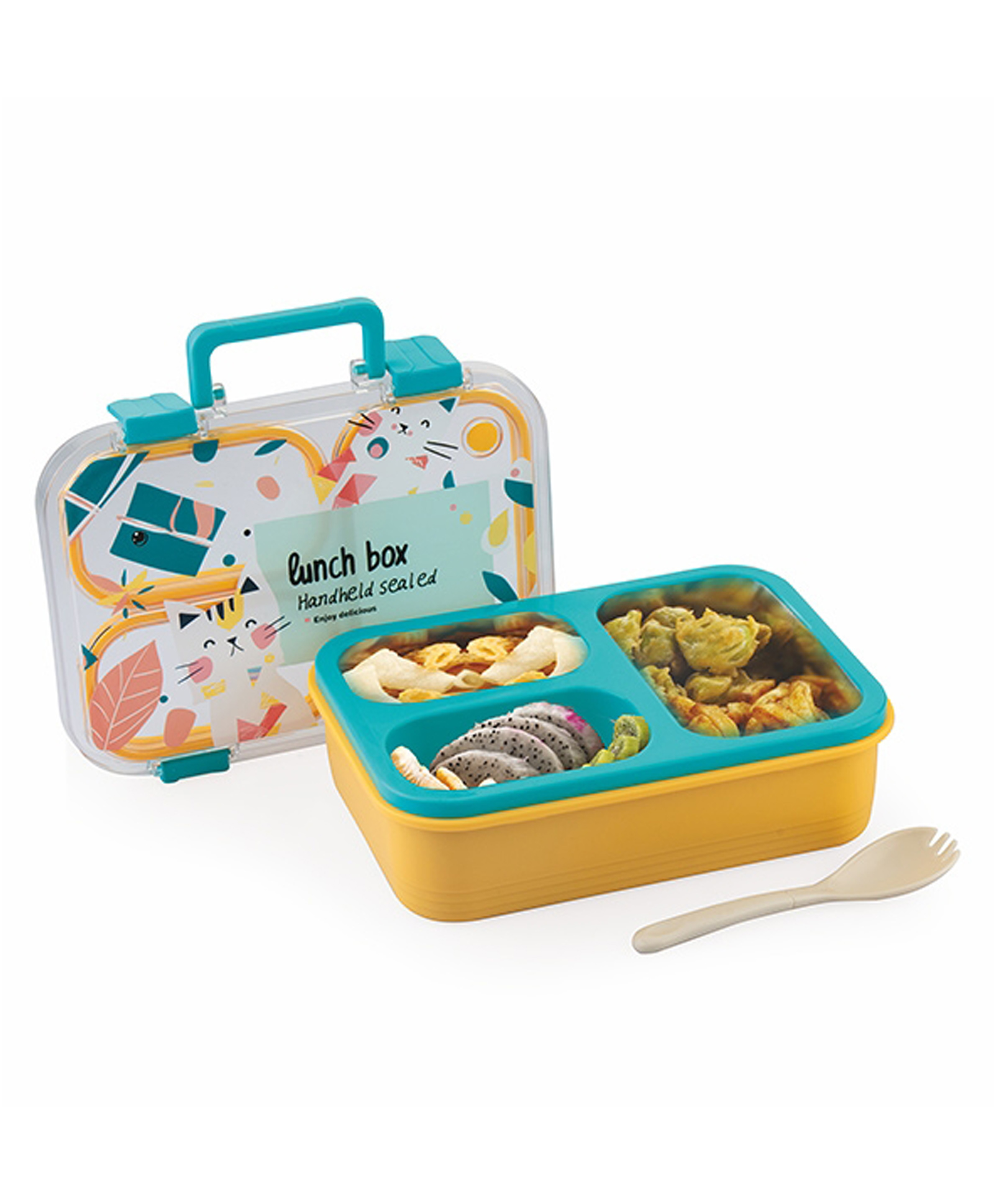 ATTRO Kitty Kart Plastic Lunch Box 3 Compartment Bento Tiffin, Leak Proof Durable, 800 ml with Plastic Cutlery & Cat Print- Blue & Orange-picture-45