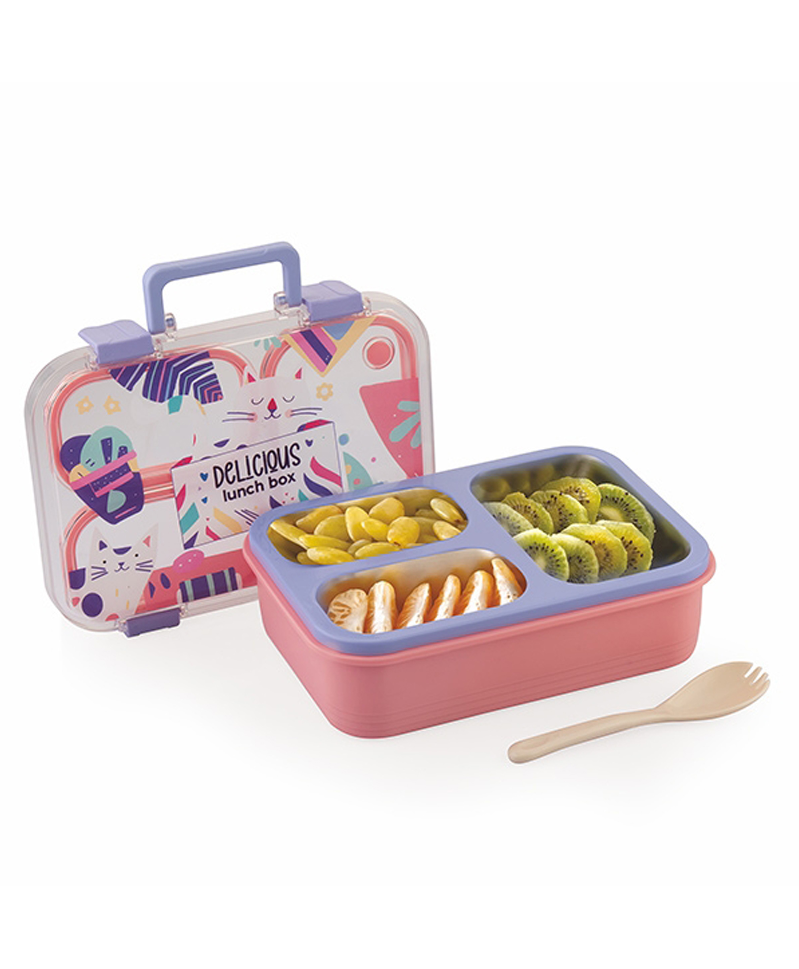 ATTRO Kitty Kart Plastic Lunch Box 3 Compartment Bento Tiffin, Leak Proof Durable, 800 ml with Plastic Cutlery & Cat Print- Pink & Purple-picture-6