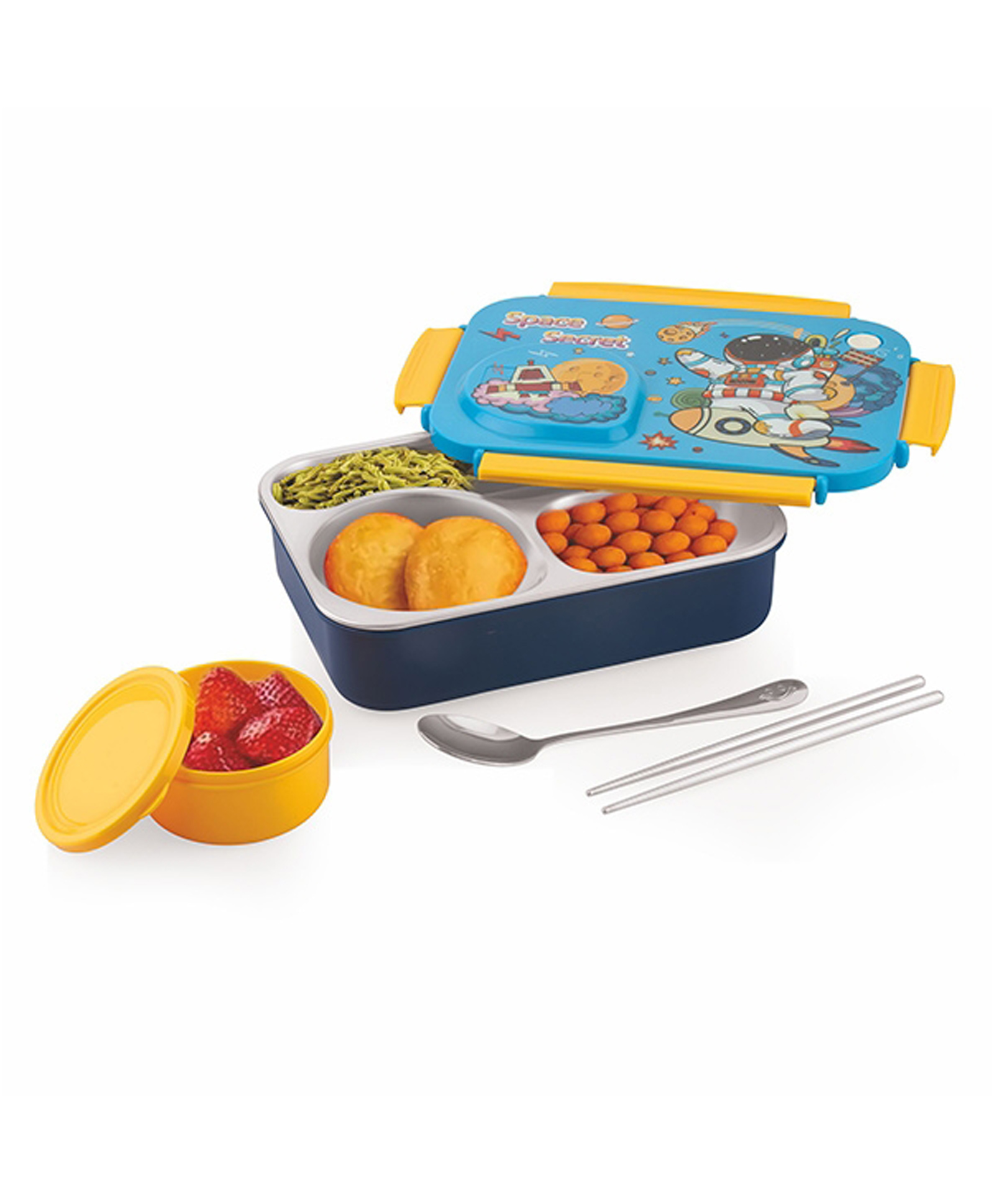 ATTRO School Bite Space Theme Stainless Steel Lunch Box 3 Compartment Bento Tiffin 750 ml & 150 ml - Blue-picture-43