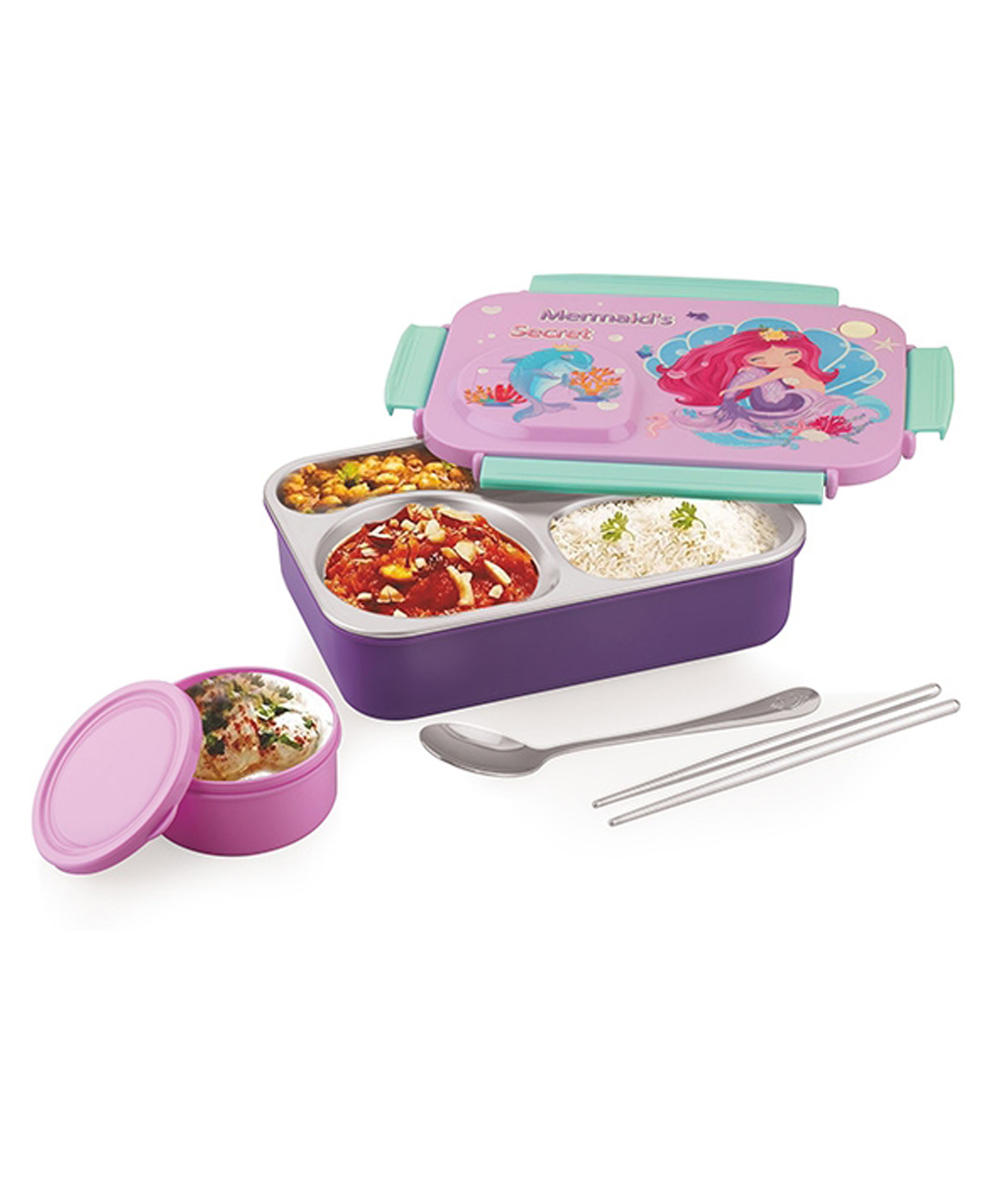 ATTRO School Bite Princess Theme Stainless Steel Lunch Box 3 Compartment Bento Tiffin 750 ml & 150 ml - Pink & Lavender-picture-33