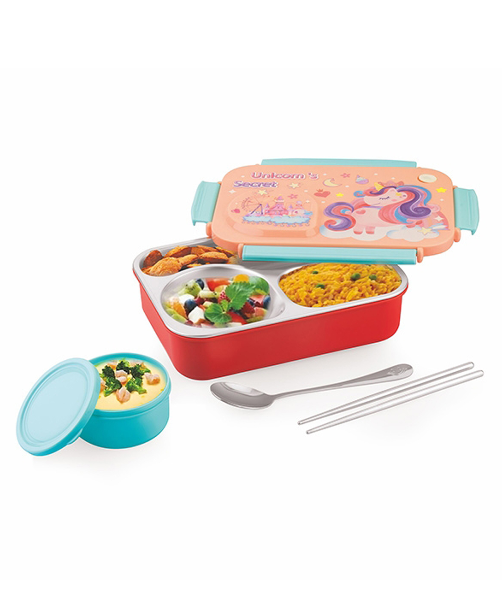 ATTRO School Bite Unicorn Theme Stainless Steel Lunch Box 3 Compartment Bento Tiffin 750 ml & 150 ml - Peach-picture-49