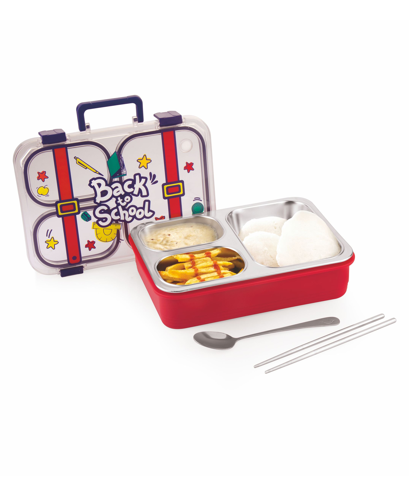 ATTRO Snack Flix Stainless Steel Lunch Box 3 Compartment Bento Tiffin with Cutlery 850 ml - Red & Blue-picture-0