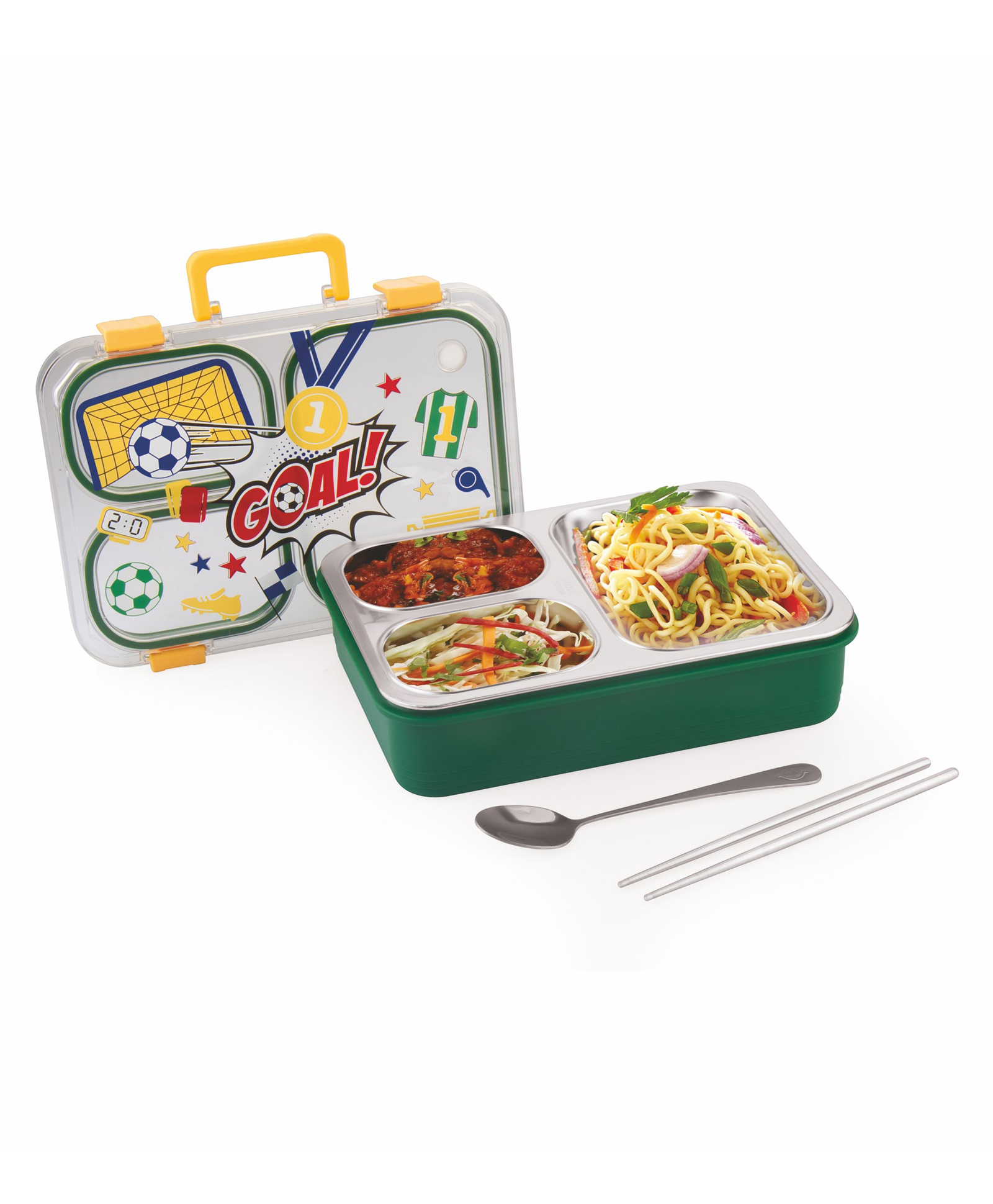 ATTRO Snack Flix Stainless Steel Lunch Box 3 Compartment Bento Tiffin with Cutlery 850 ml - Yellow & Green-picture-7