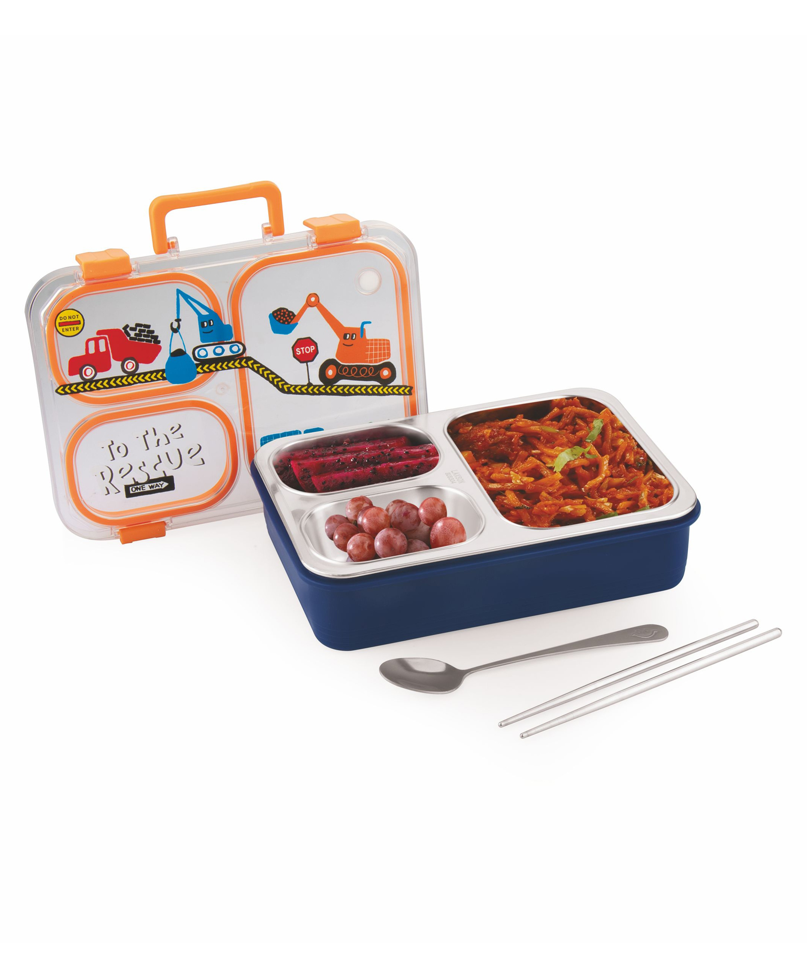ATTRO Snack Flix Stainless Steel Lunch Box 3 Compartment Bento Tiffin with Cutlery 850 ml - Orange & Blue-picture-38