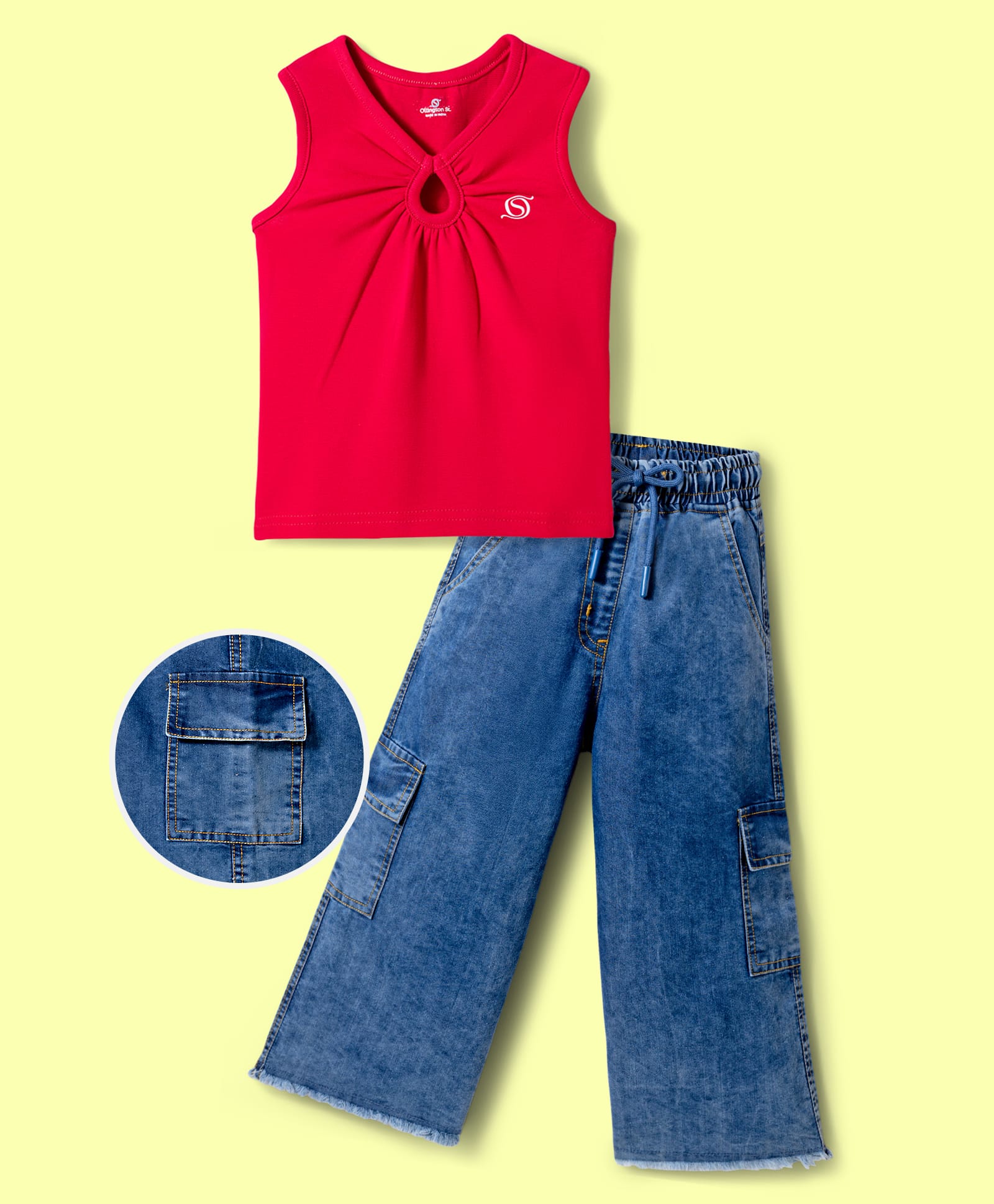OLLINGTON ST. Cotton Knit Sleeveless Top & Denim Culottes Set - Red & Indigo-picture-25