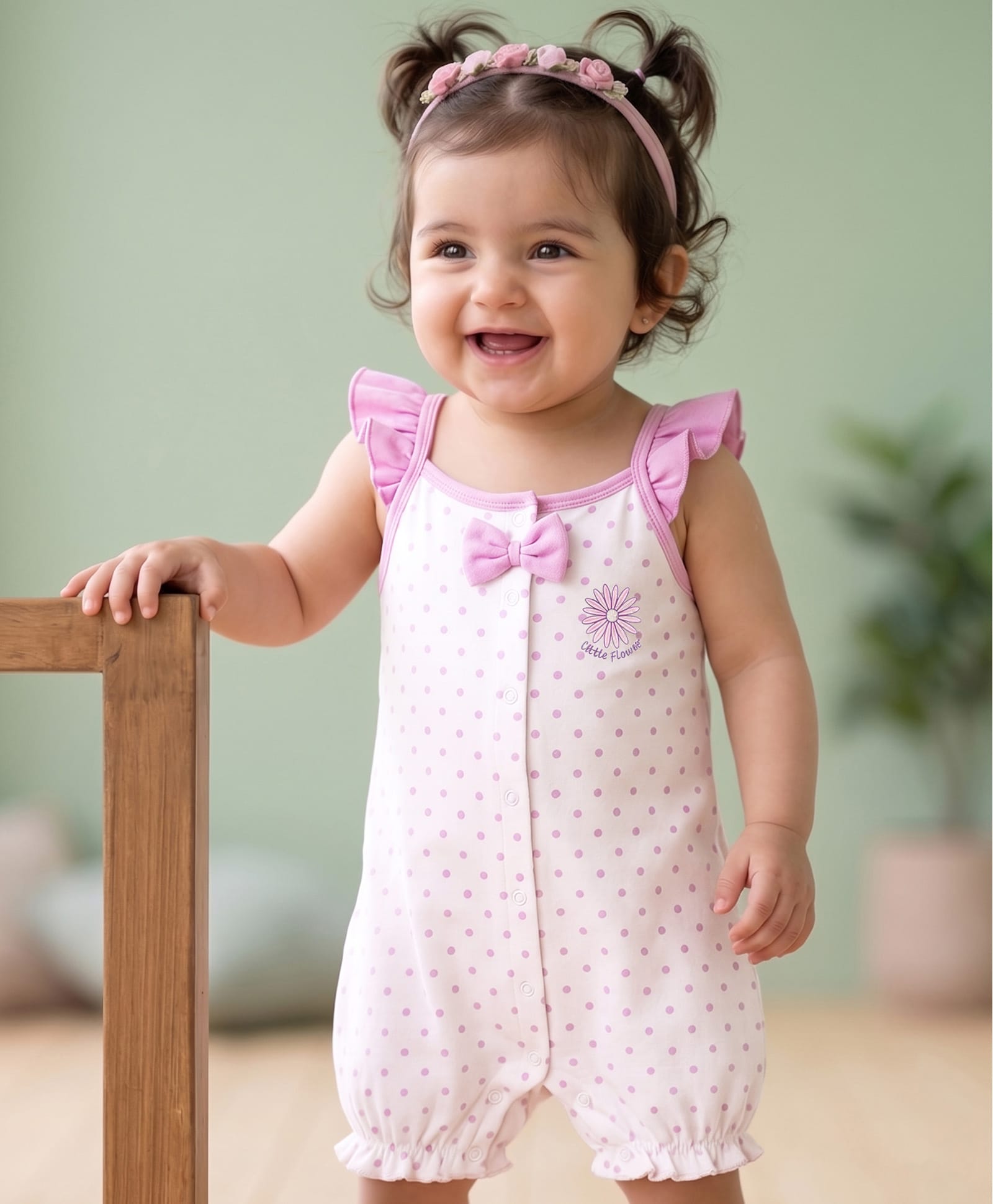 Babyoye 100% Cotton Knit With Eco Jiva Finish Sleeveless Polka Dots & Floral Printed Romper With Bow Applique - White & Pink-image-32