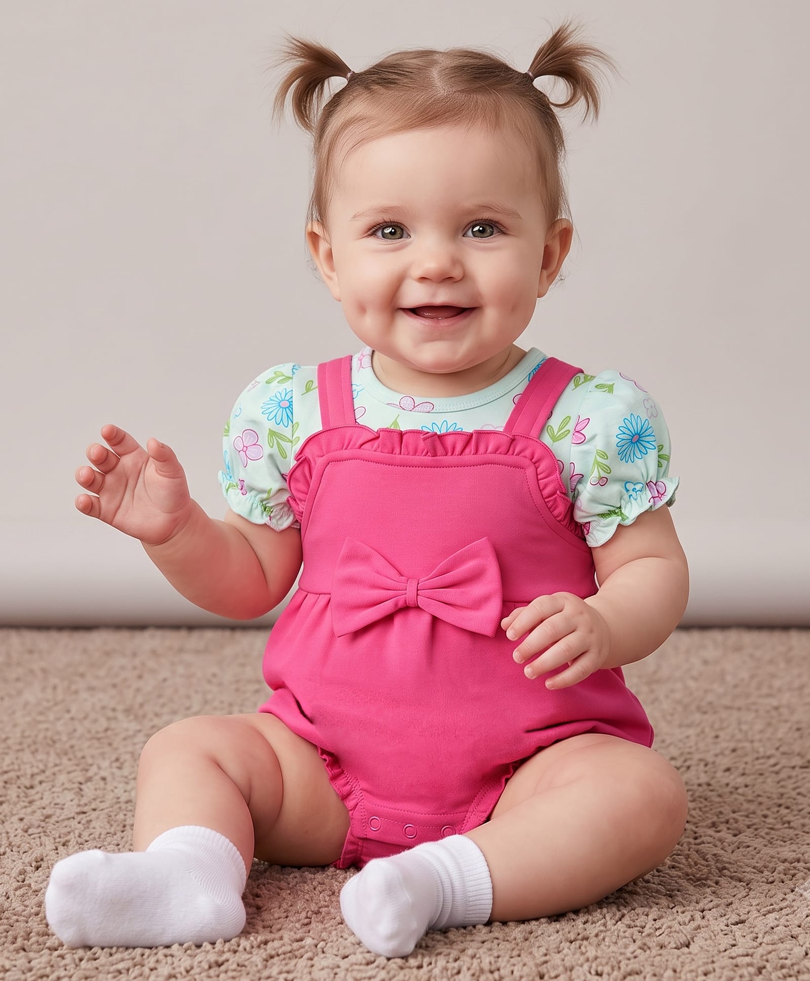 Babyoye Interlock Knit 100% Cotton With Eco Jiva Finish Half Sleeves Floral Printed Onesies & Bow Applique - Pink-picture-14