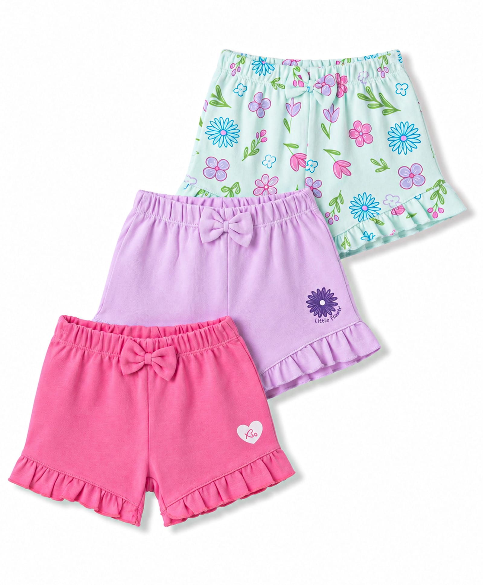 Babyoye 100% Cotton Knit With Eco Jiva Finish Floral & Hearts Printed Shorts With Bow Applique Pack Of 3 - Multicolor-picture-15