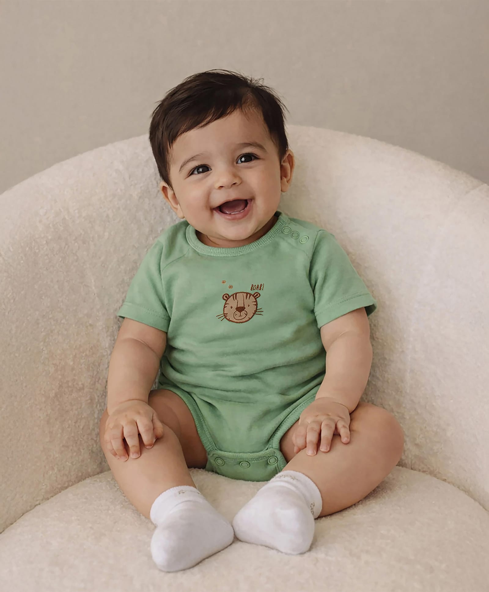 Somersault Cotton Knit Half Raglan Sleeves Tiger Embroidered Onesie - Green-picture-13