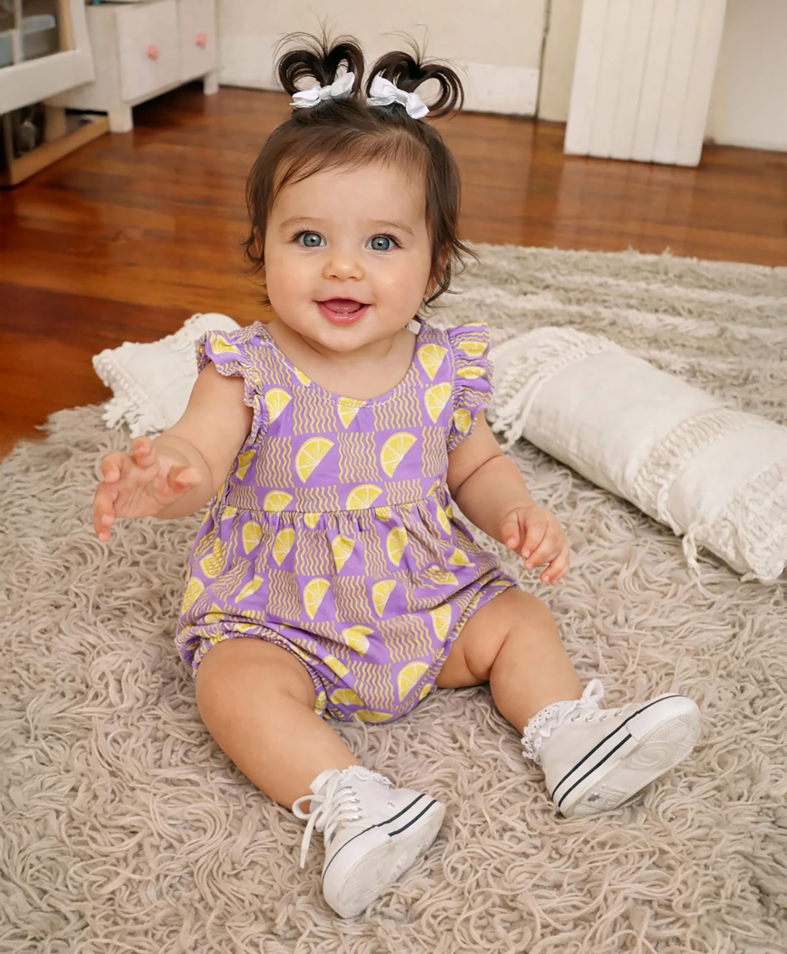Somersault Cotton Knit Frill Sleeves Fruit Printed Onesie - Purple-picture-18