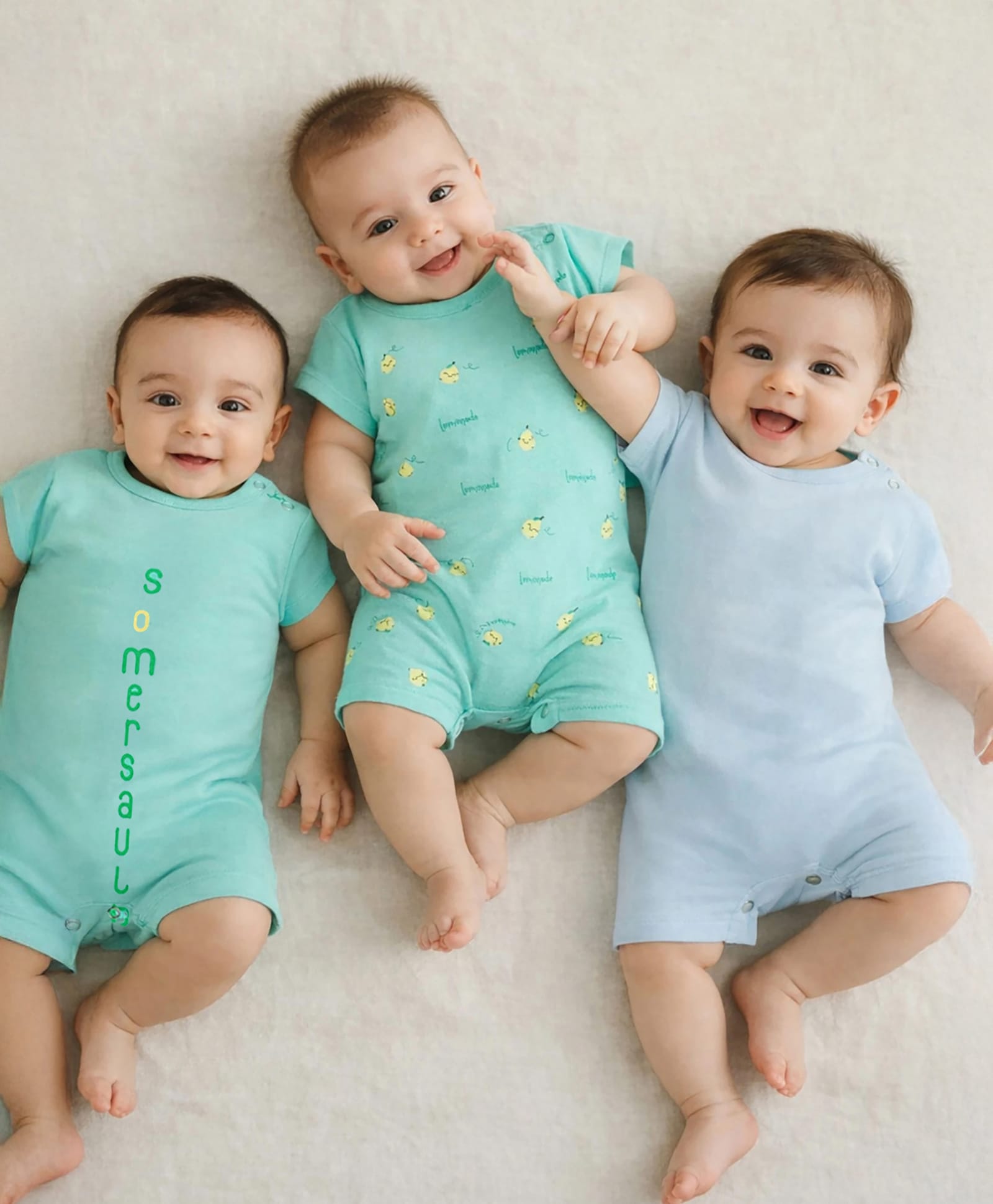 Somersault Cotton Knit Pack Of 3 Half Sleeves Lemonade Printed Rompers - Green & Blue-picture-25