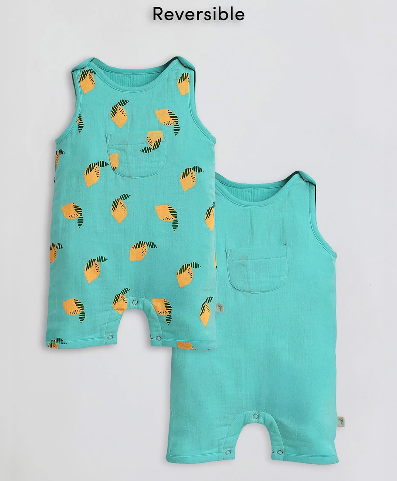 Somersault Cotton Woven Sleeveless Lemon Printed Reversible Romper - Green-picture-16