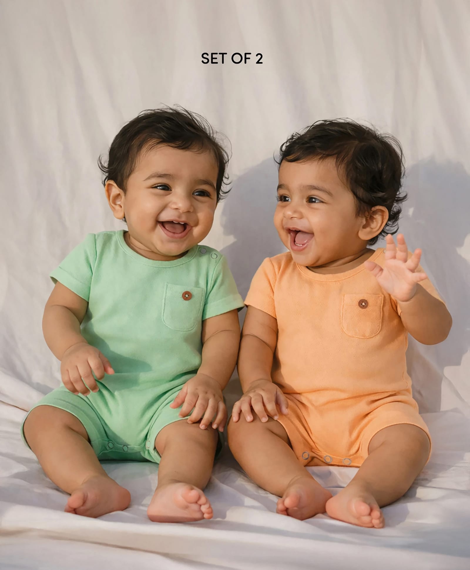 Somersault Cotton Knit Pack Of 2 Half Sleeves Textured Rompers - Orange & Green-picture-15