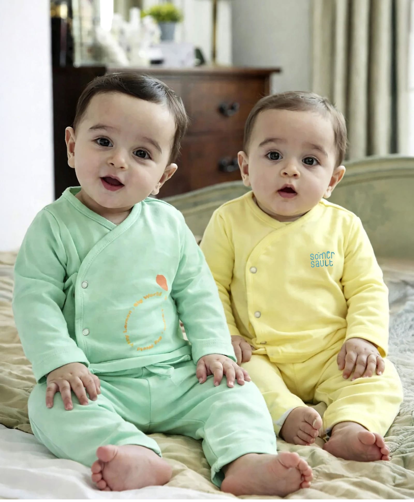 Somersault Cotton Woven Pack Of 2 Full Sleeves Tiny Lemon Big World Text Printed Jhabla & Pajama Set - Multi Colour-picture-38