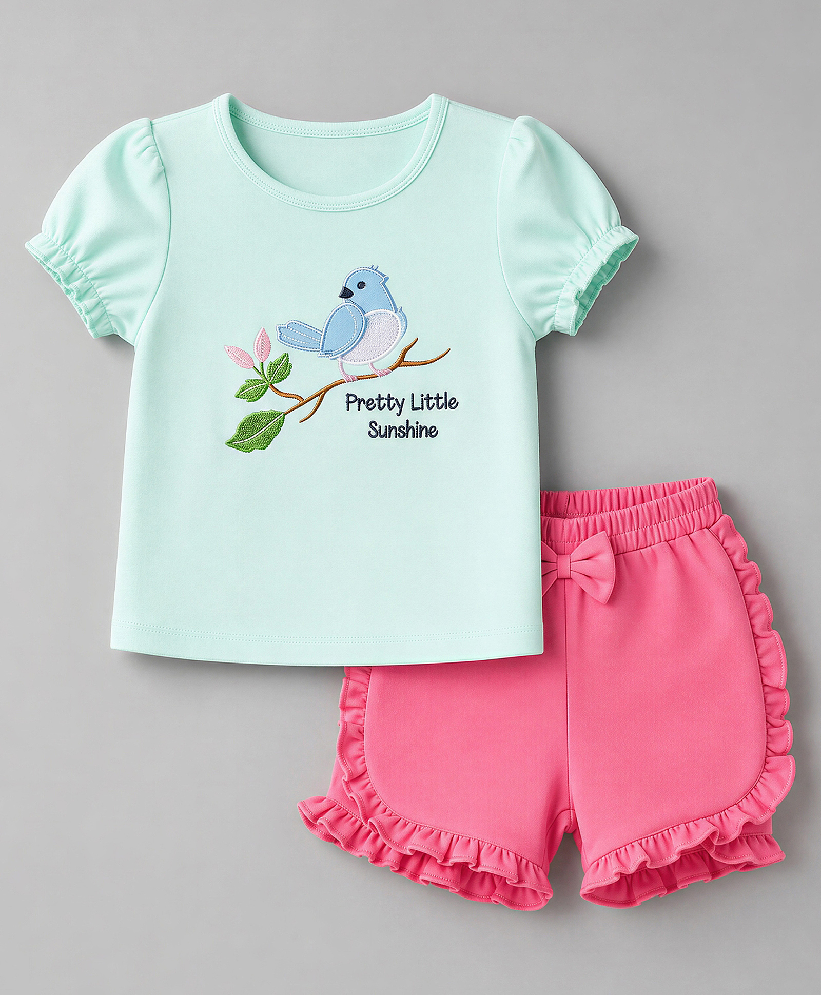 Babyoye 100% Cotton Knit With Eco Jiva Finish Bird Embroidered Half Sleeves T-Shirt and Shorts - Aqua Blue & Pink-image-32