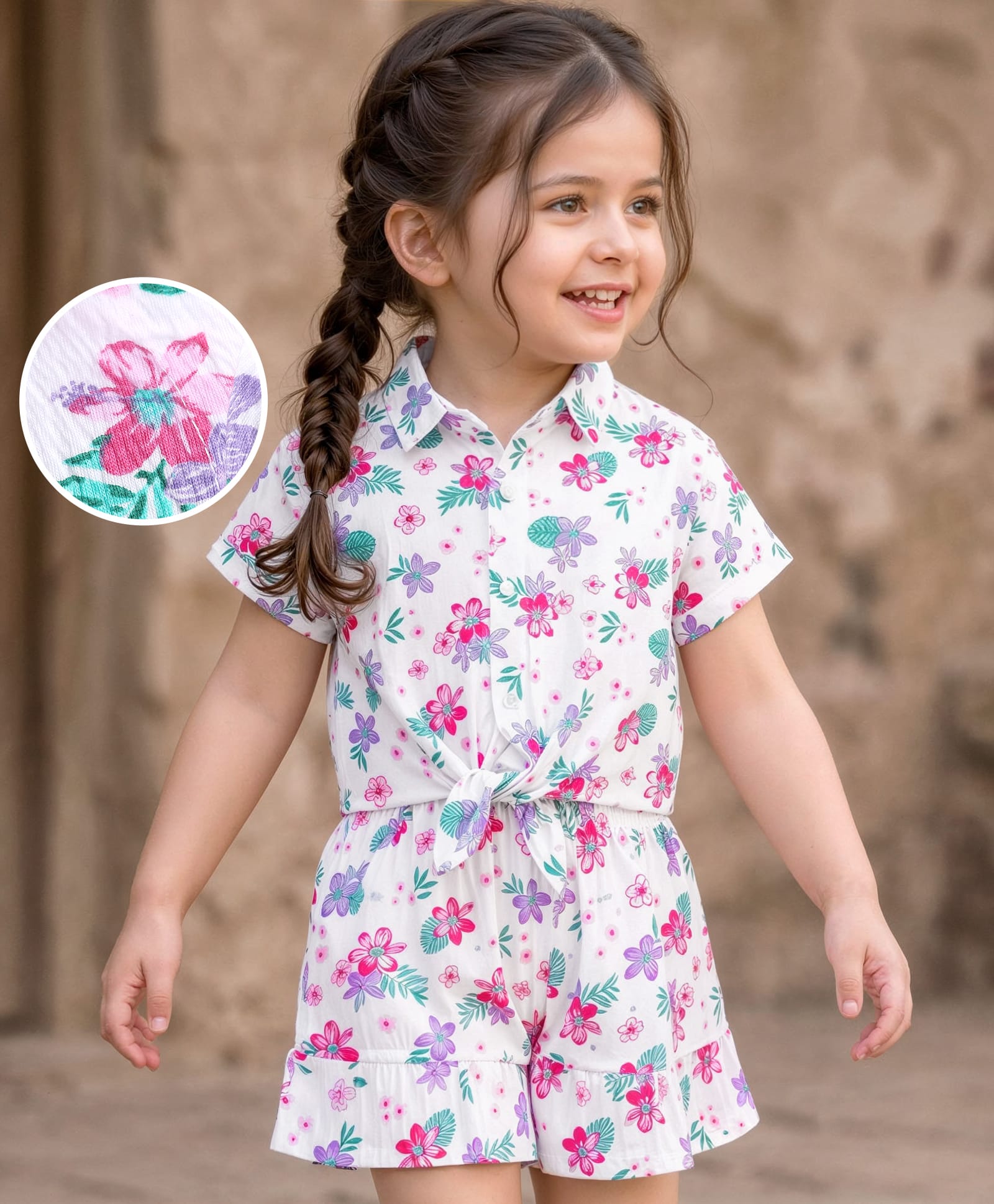 Babyhug Single Jersey Knit Half Sleeves Top & Shorts Co-ord Set with Floral Print - Multicolor-image-37