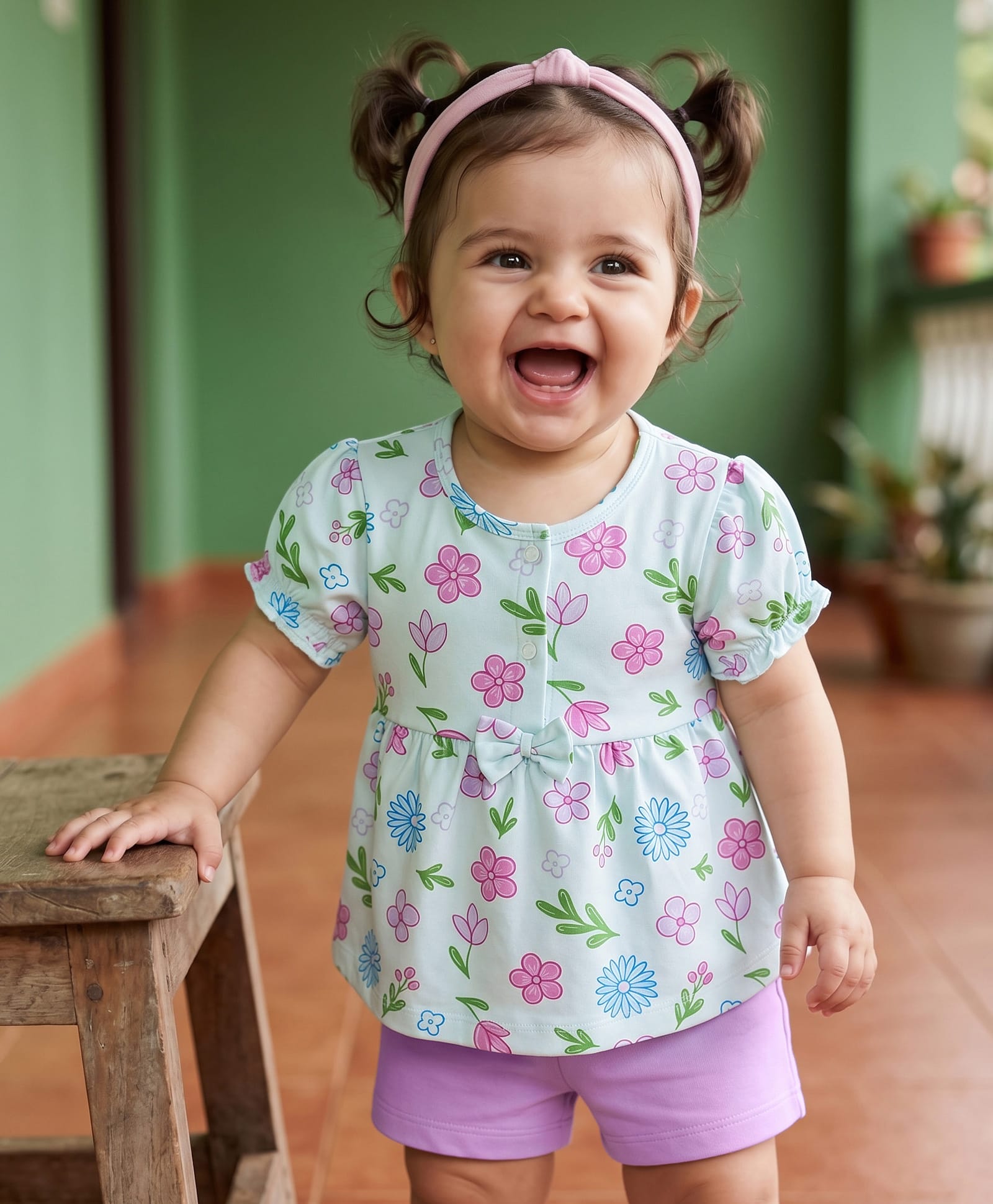 Babyoye 100% Cotton Knit with Eco Jiva Finish Half Puffed Sleeves Top & Shorts Set with Floral Print & Bow Applique - Blue & Purple-picture-17