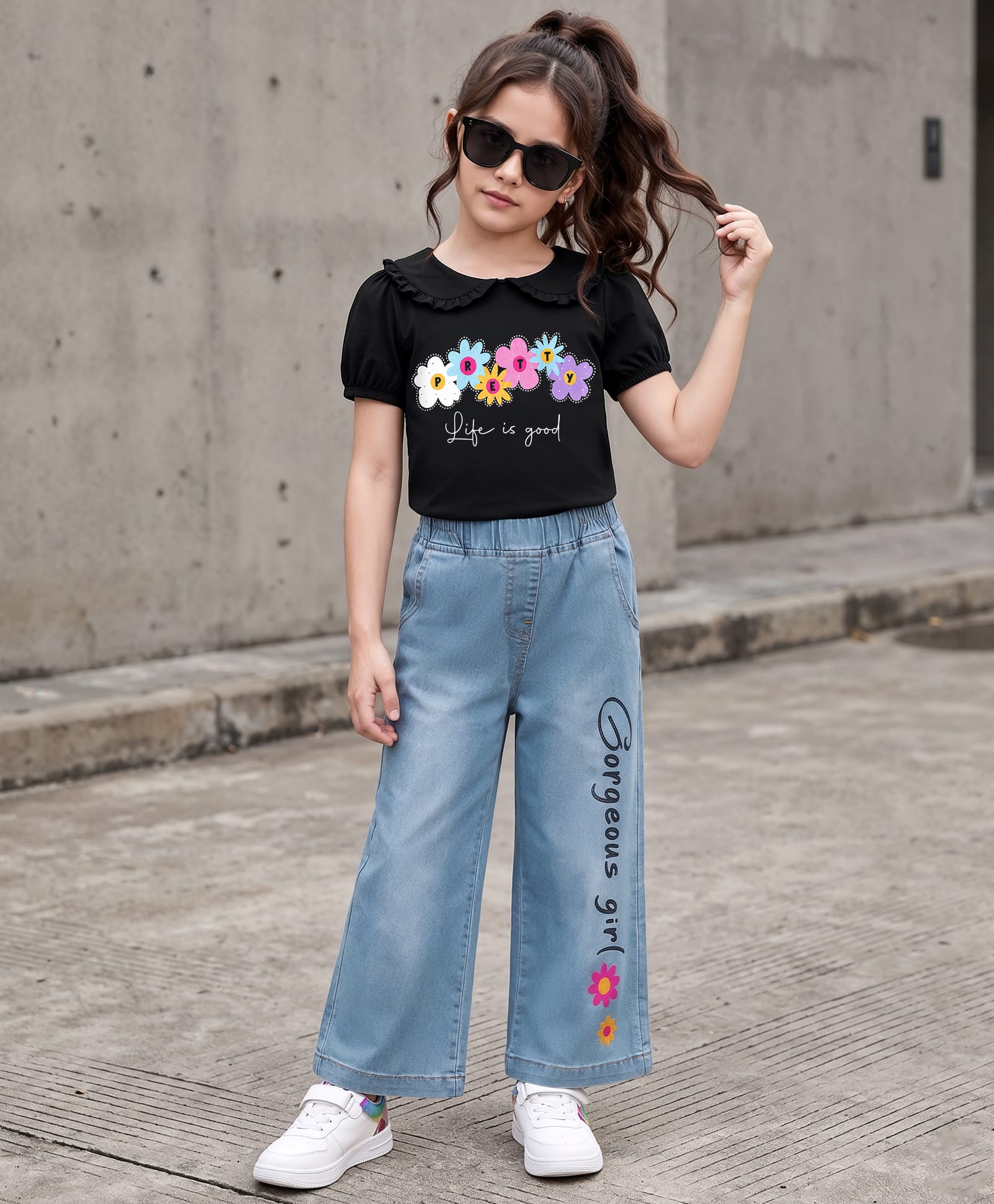 OLLINGTON ST. Sinker Knit Half Sleeves Peter Pan Collared Top & Denim Culottes With Floral Print - Black & Blue-picture-26