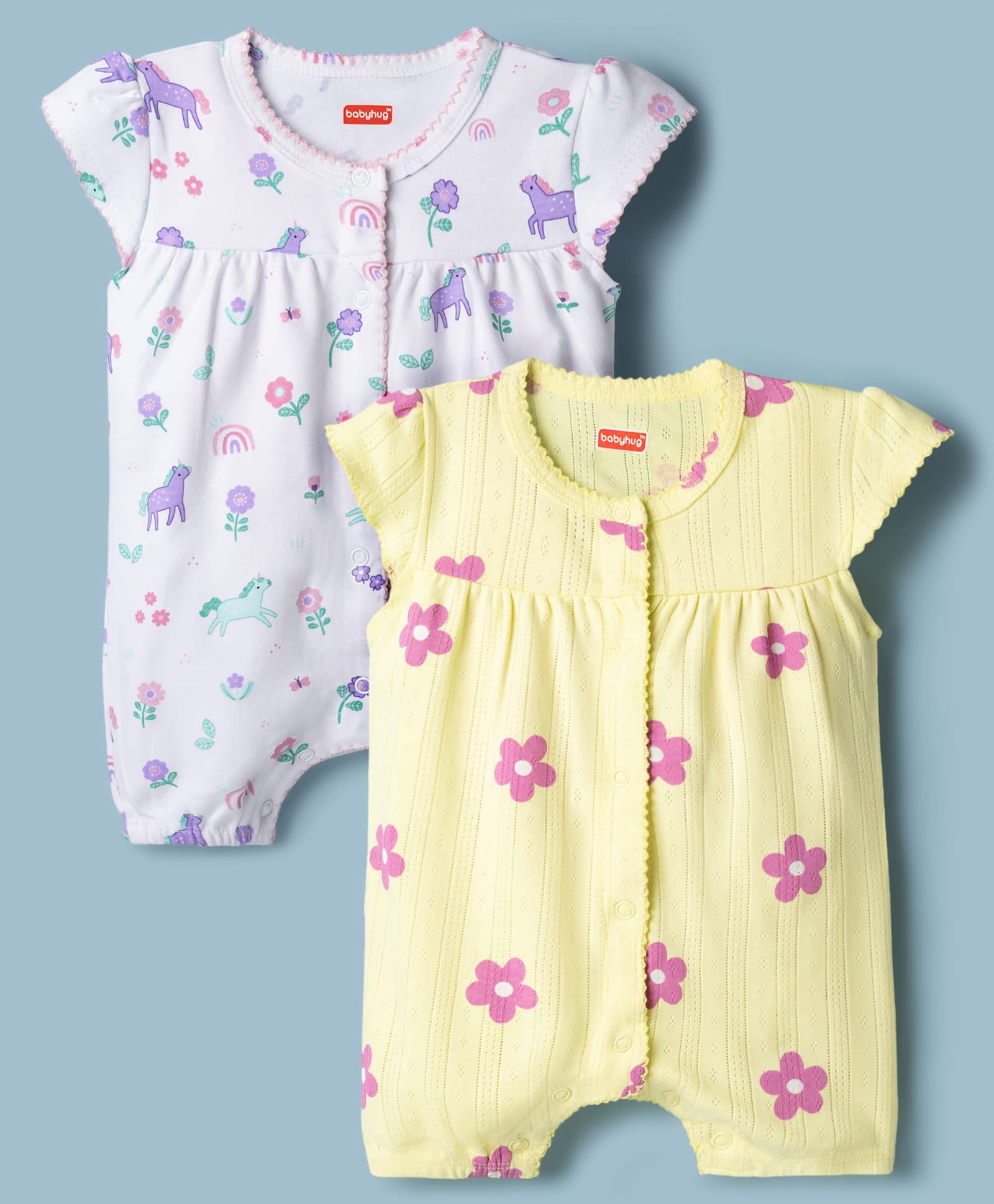 Babyhug 100% Cotton Knit Half Sleeves Rompers with Floral Print Pack of 2 - Multicolor-image-16