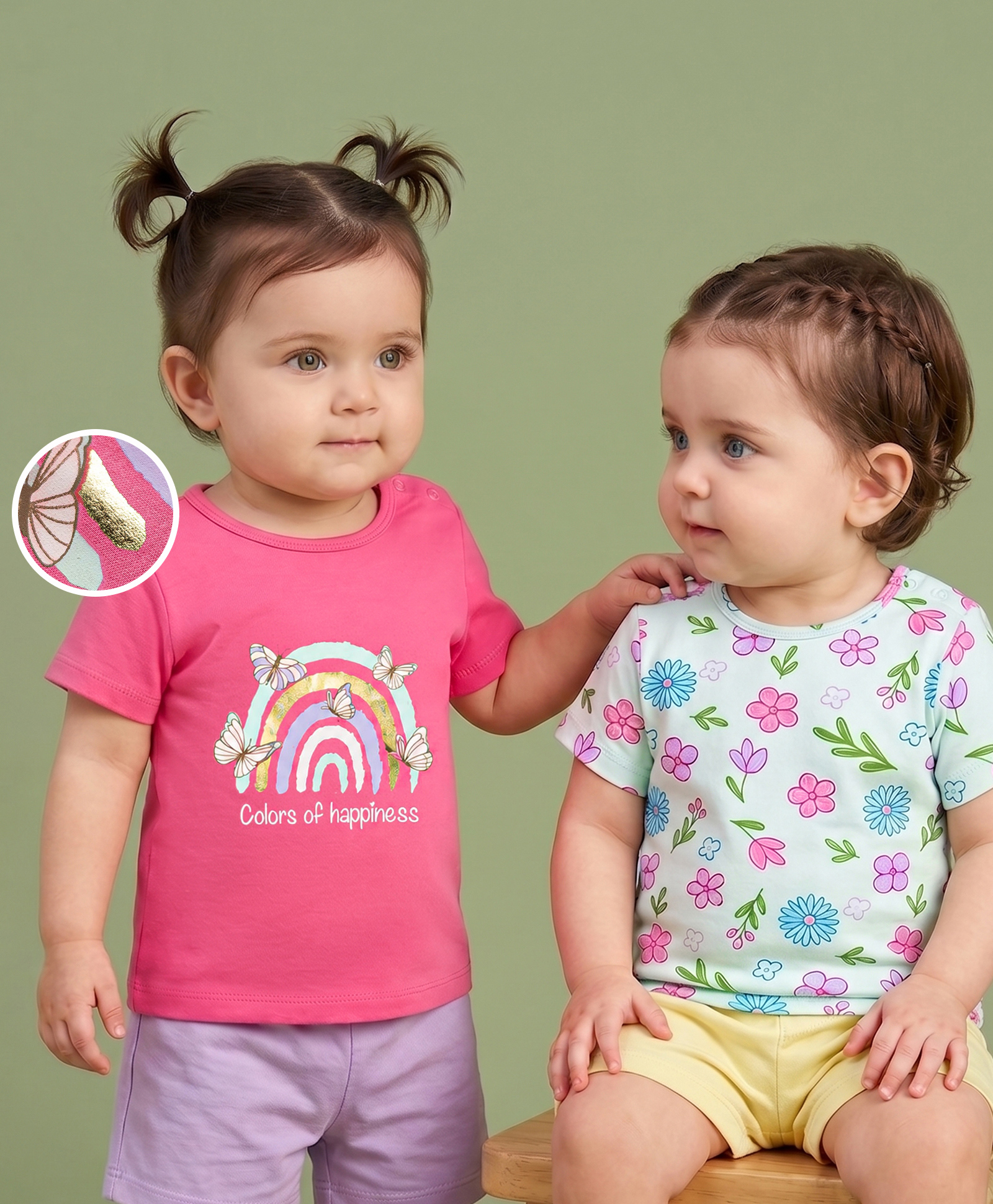 Babyoye 100% Cotton Knit With Eco Jiva Finish Half Sleeves Floral Butterfly & Rainbow Printed T-Shirts Pack Of 2 - Dark Pink & Light Blue-image-17