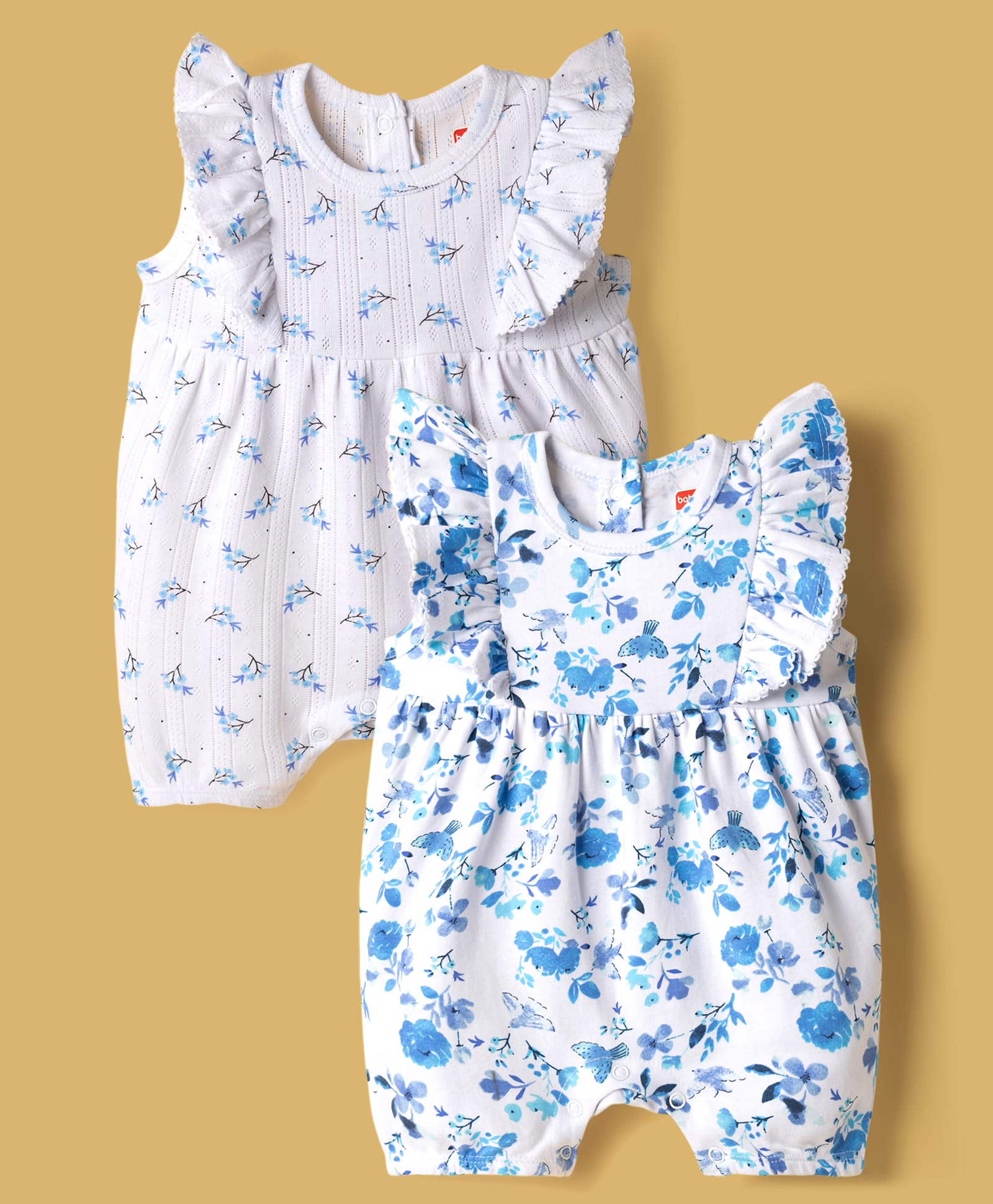 Babyhug 100% Cotton Knit Sleeveless Rompers with Floral Print Pack of 2 - Multicolor-image-23