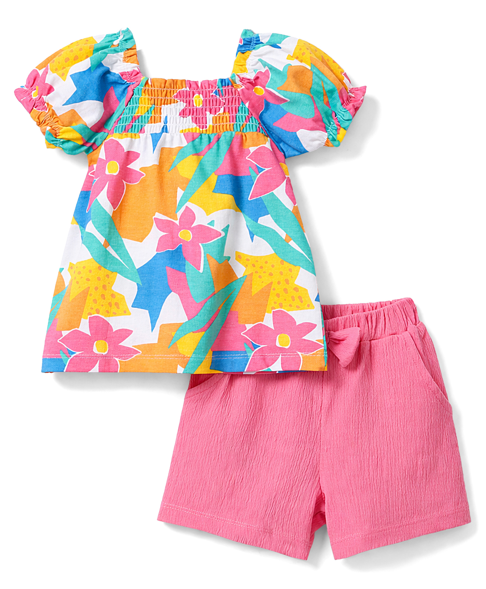 Babyhug Single Jersey Knit Half Sleeves Top & Shorts Set with Floral Print & Bow Applique - Multicolor-picture-10